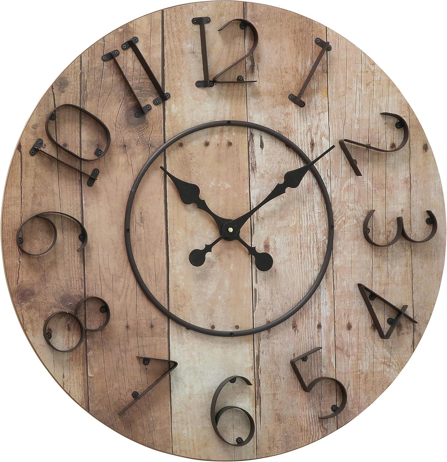 WHW Whole House Worlds Iconic Farmers Wall Clock, Raised Iron Numerals, Quartz Movement, MDF Wood, Reclaimed Repurposed Vintage Style, Over 2 Ft Diameter (27 1/2 Inches) Battery Powered
