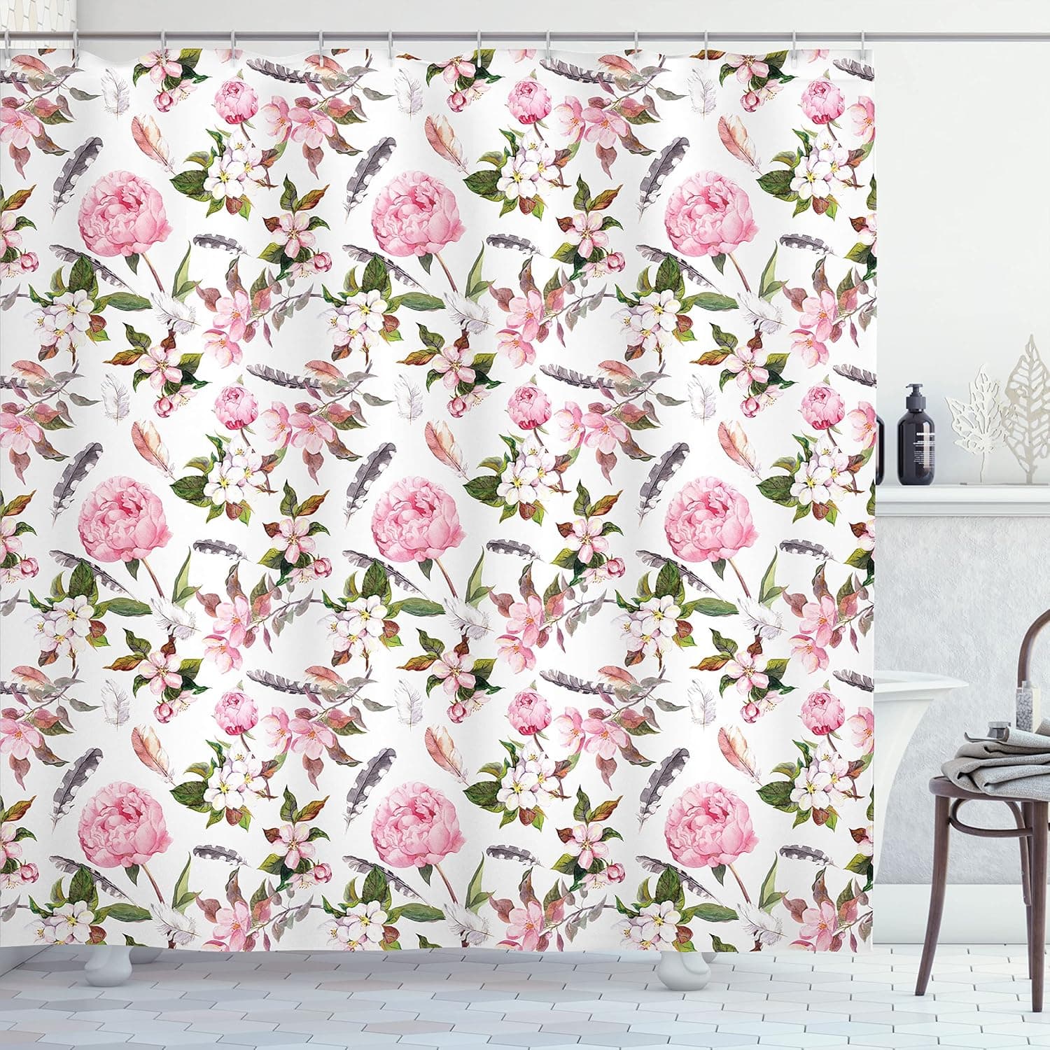 Ambesonne Flower Shower Curtain, Apple and Cherry Flowers and Blossoms with Feathers Shabby Style of Classical Botanic Retro Artwork, Cloth Fabric Bathroom Set with Hooks, 69" W x 70" L, Pink Green