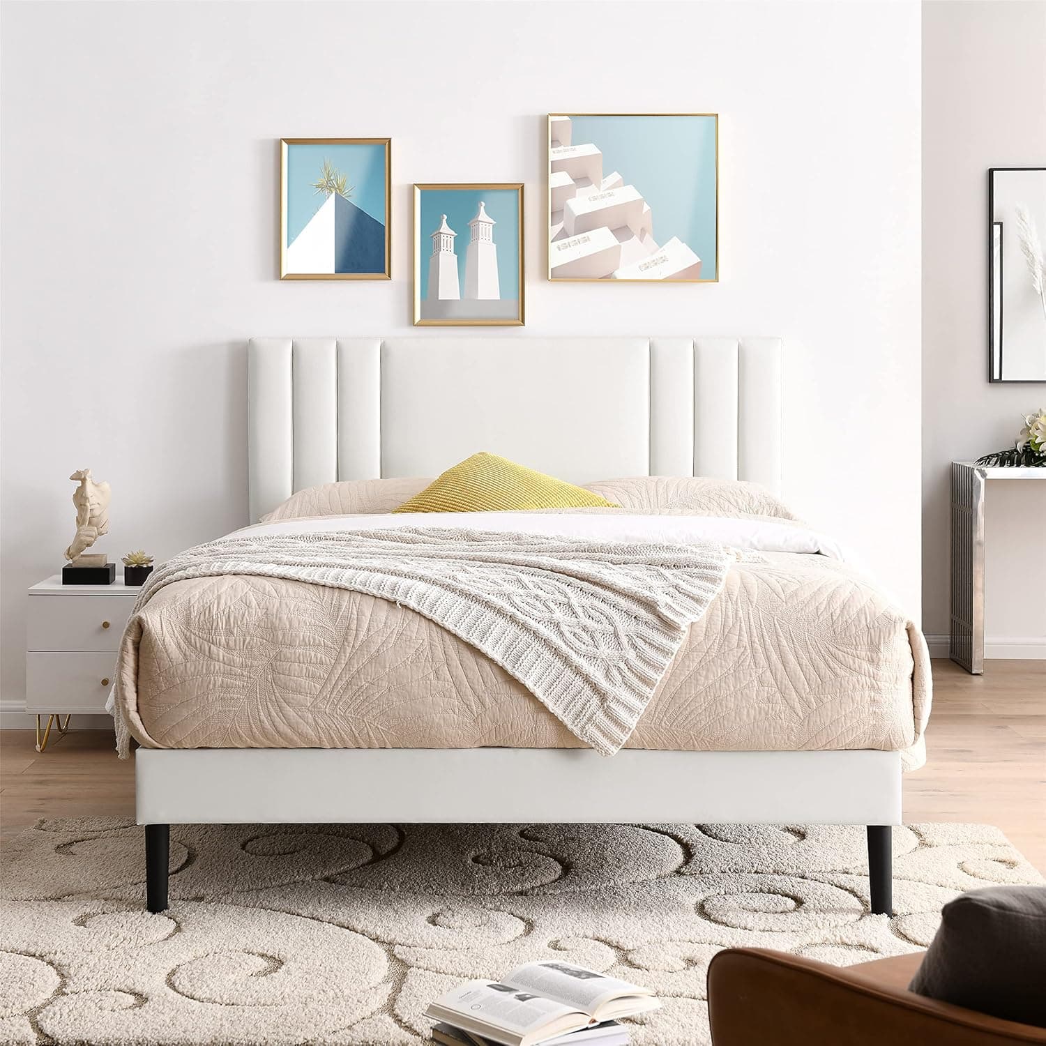 BIKAHOM Mid-Century Tufted Upholstered Platform Bed Frame with Adjustable Height Headboard for Bedroom,King Faux Leather Upholstery Bed Frame,Wooden Slats & No Box Spring Needed,Easy Assembly,White