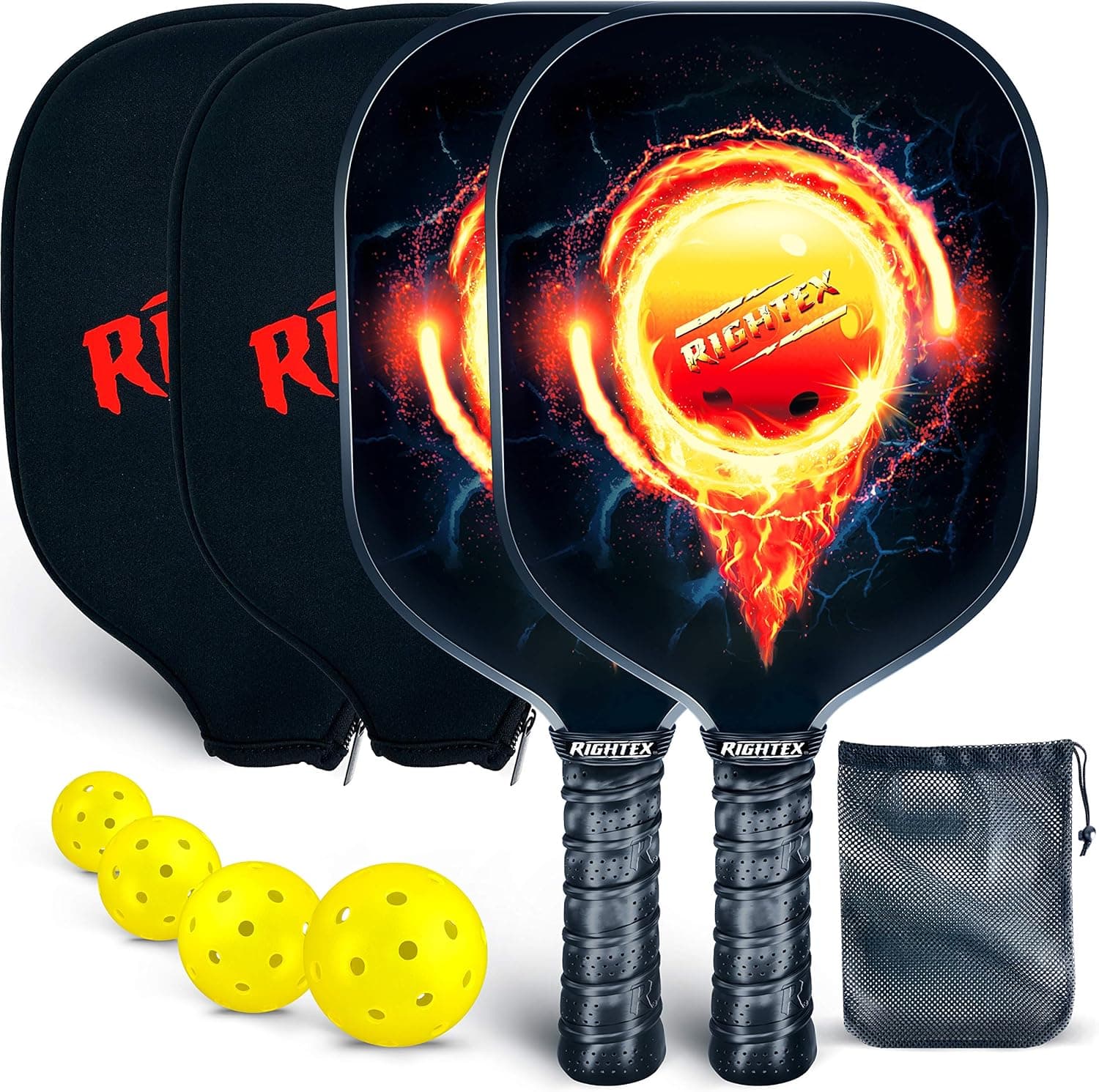 Rightex Pickleball Paddle Set - 2 Premium Lightweight Graphite Honeycomb Composite Core Rackets - 4x40 Hole USAPA Balls - Ultra Cushion Grip - 2 Paddle Covers - 1 Net Pickleball Carrying Bag