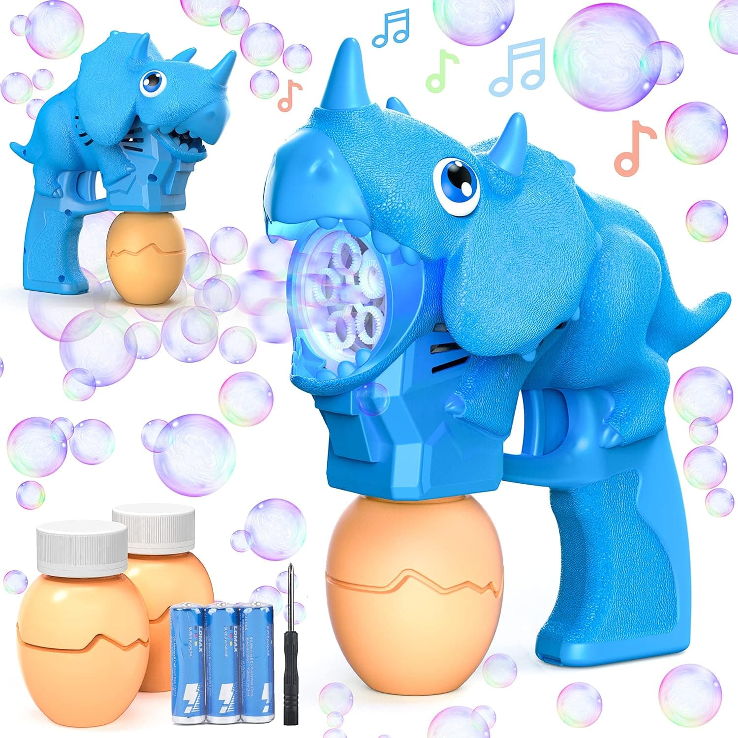 Coomarble Dinosaur Bubble Gun Machine - Bubble Machine with LED Light and Music, Handheld Electric Bubble Maker for Kids Bubble Blaster Party Favors with 2 Bubble Refill Solution 3 Batteries Included