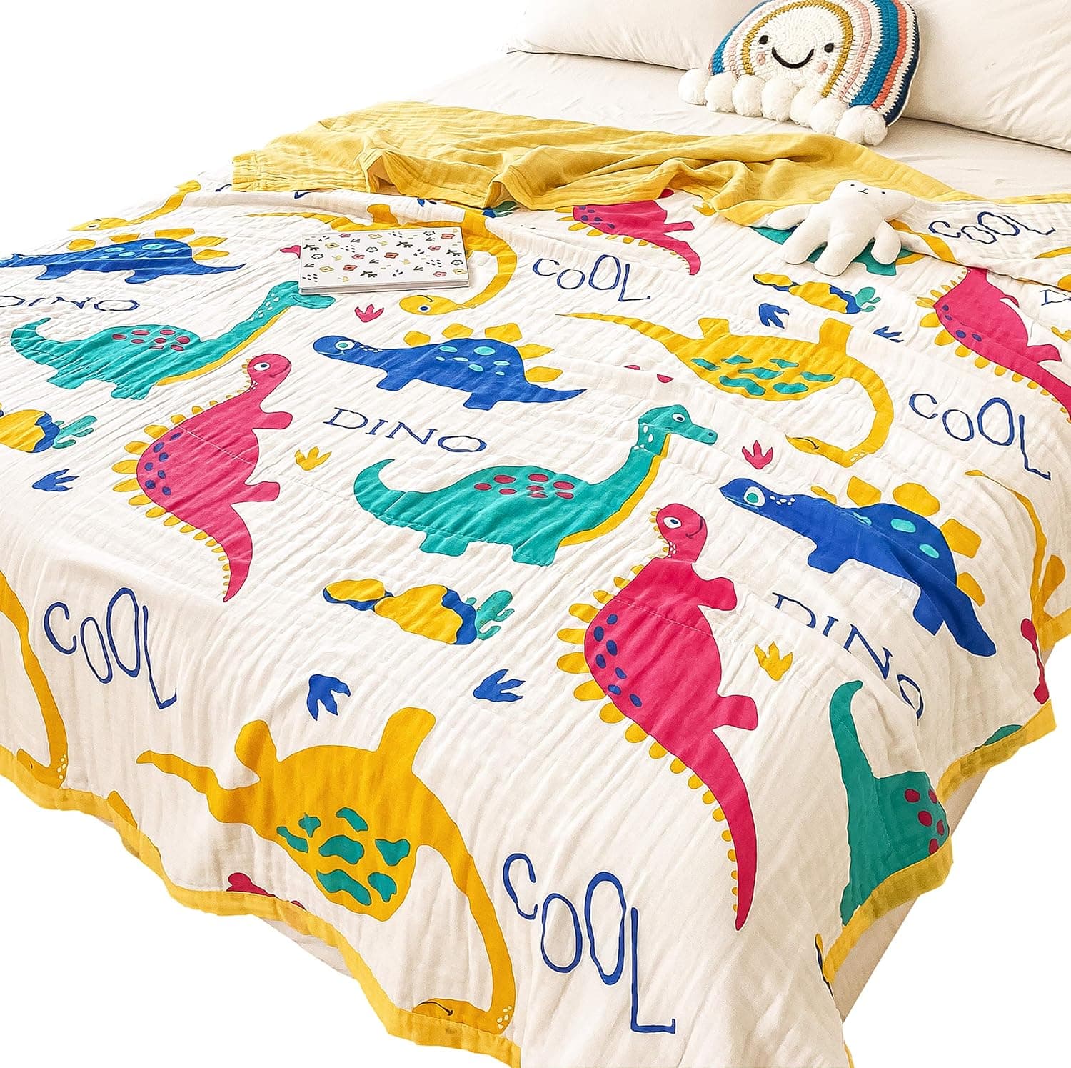 J-pinno Dinosaur Muslin Blanket Reversible 100% Cotton 6 Layer Quilt Bed Blanket Soft Warm Throw Sofa Couch Toddler Kids Cartoon Travel Coverlet Sheet (Dinosaur 2, Crib 46" X 56")