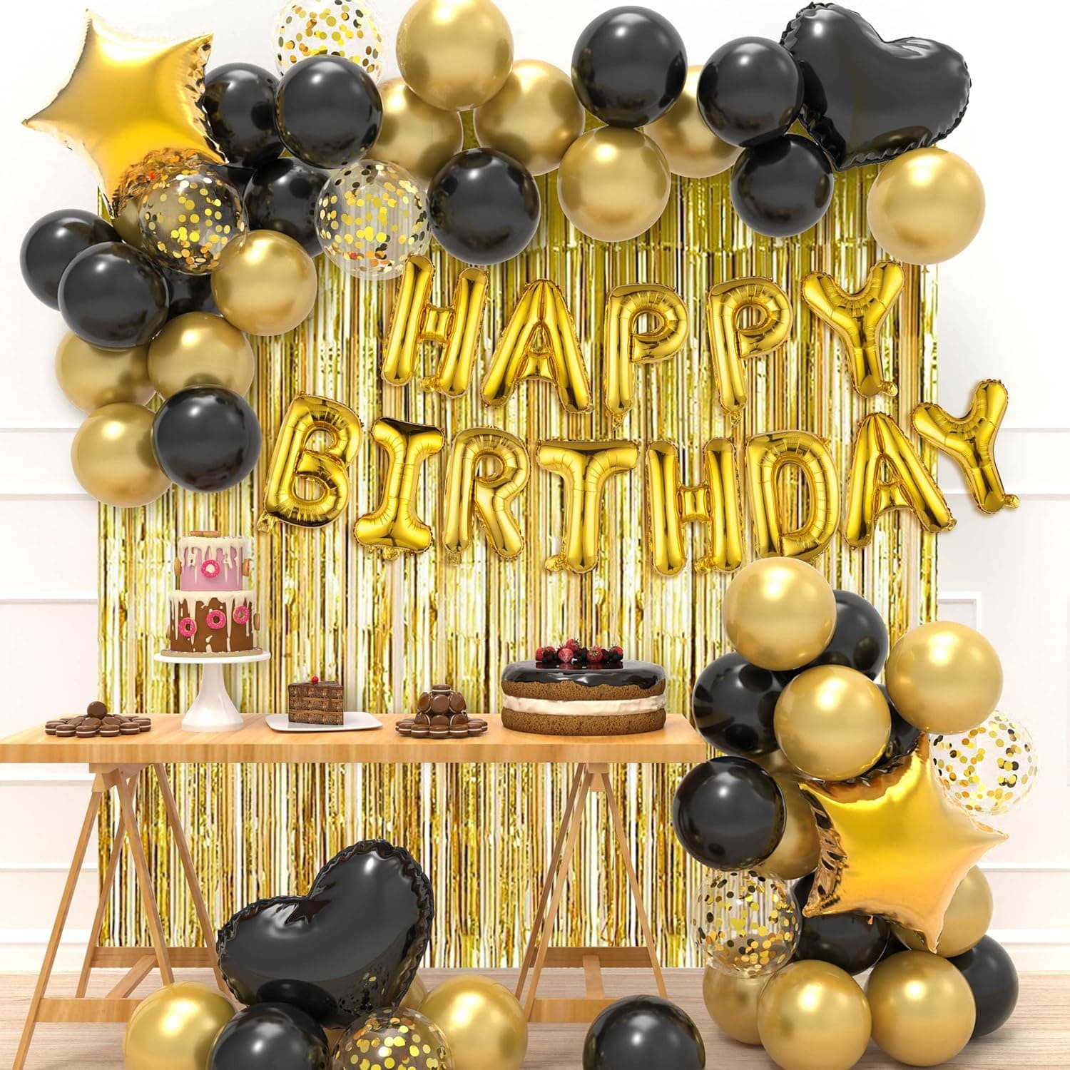 JOYYPOP Birthday Party Decorations Happy Birthday Balloons Banner with Black and Gold Balloons Set, Gold Foil Fringe Curtain for Men Women Boy Adults Birthday Party (Black and Gold）