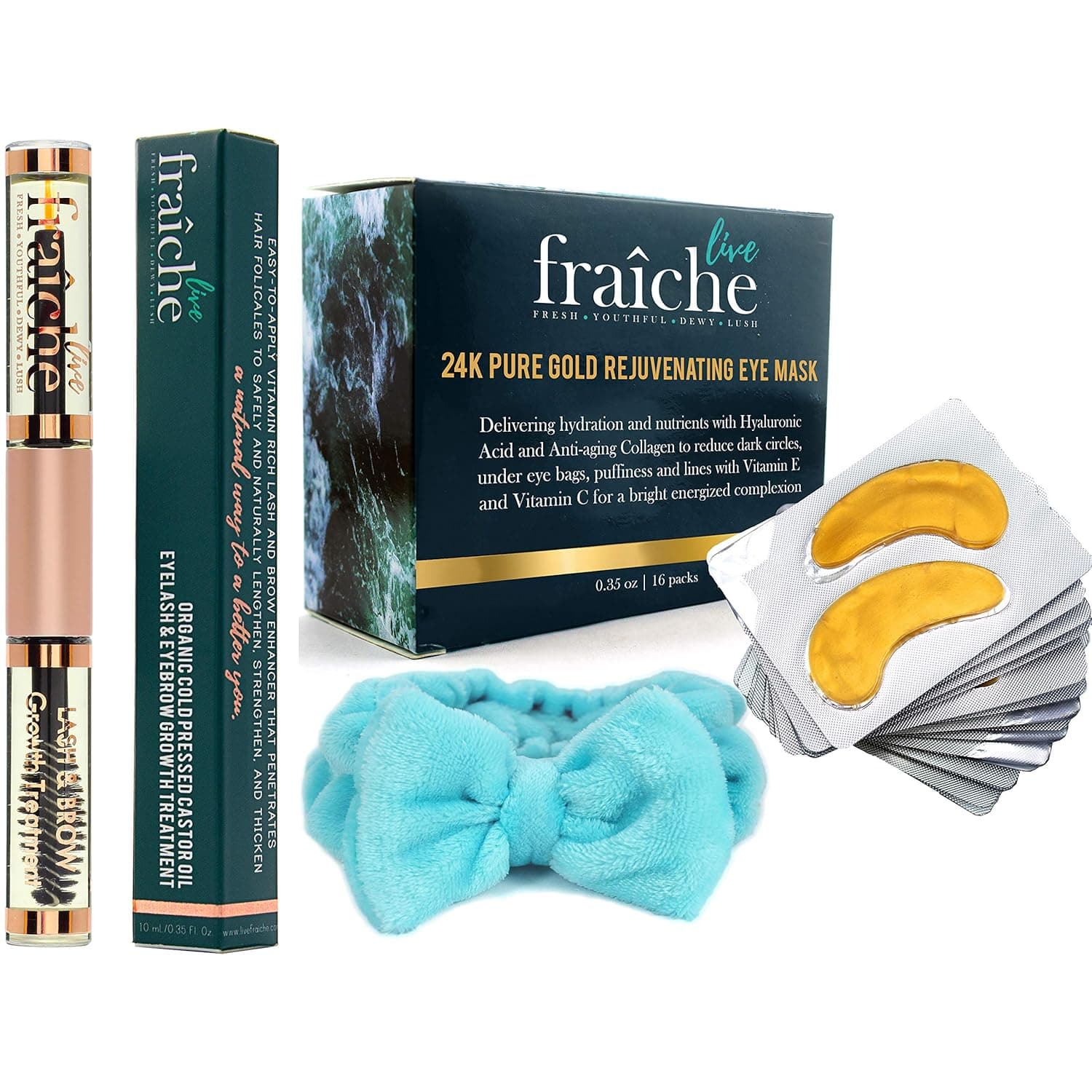 Live Fraiche Beauty Bundle + BONUS GIFT - USDA Organic Castor Oil for Eyelashes and Eyebrows - 24k Gold Hyaluronic Acid Collagen Eye Mask for Dark Circles Under Eye Bags Treatment Pads - Spa Headband
