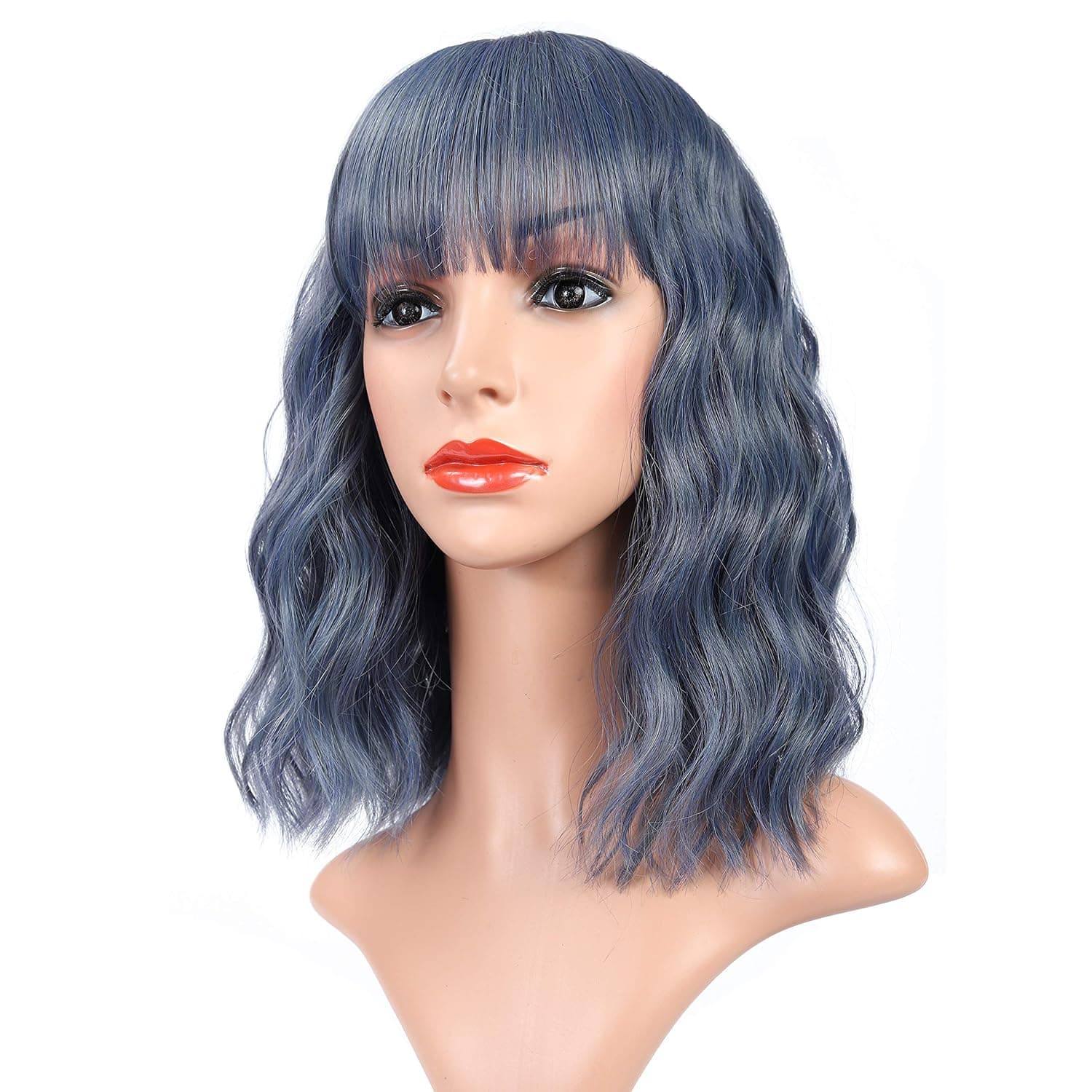 Vroosar Natural Short Curly Bob Wig With Bangs Shoulder Length Wavy Women's Wig Synthetic Heat Resistant Cosplay Costume Pastel Wig For Girls -12",Mix Blue