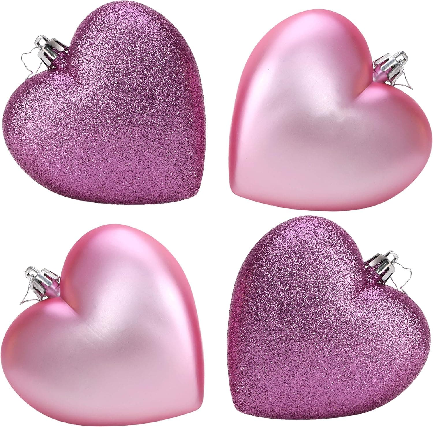 4-100mm Heart Shaped Baubles - Matte & Glitter Design - Christmas Ornaments (Baby Pink)
