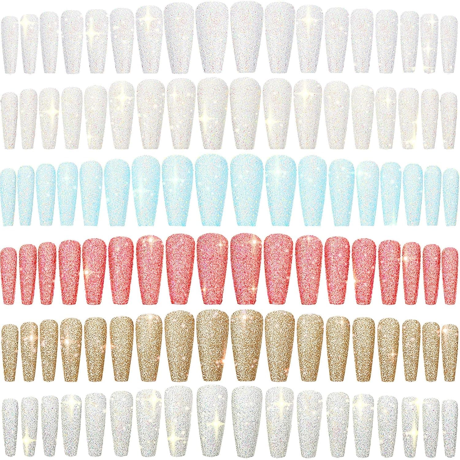144 Pieces 6 Sets Long Gradient Ballerina Press on Nails Colorful Ballerina Coffin Nails Glitter Glossy Full Cover Fake Nails Acrylic Artificial Fingernails for DIY Nail Art Salon (Gentle Pattern)