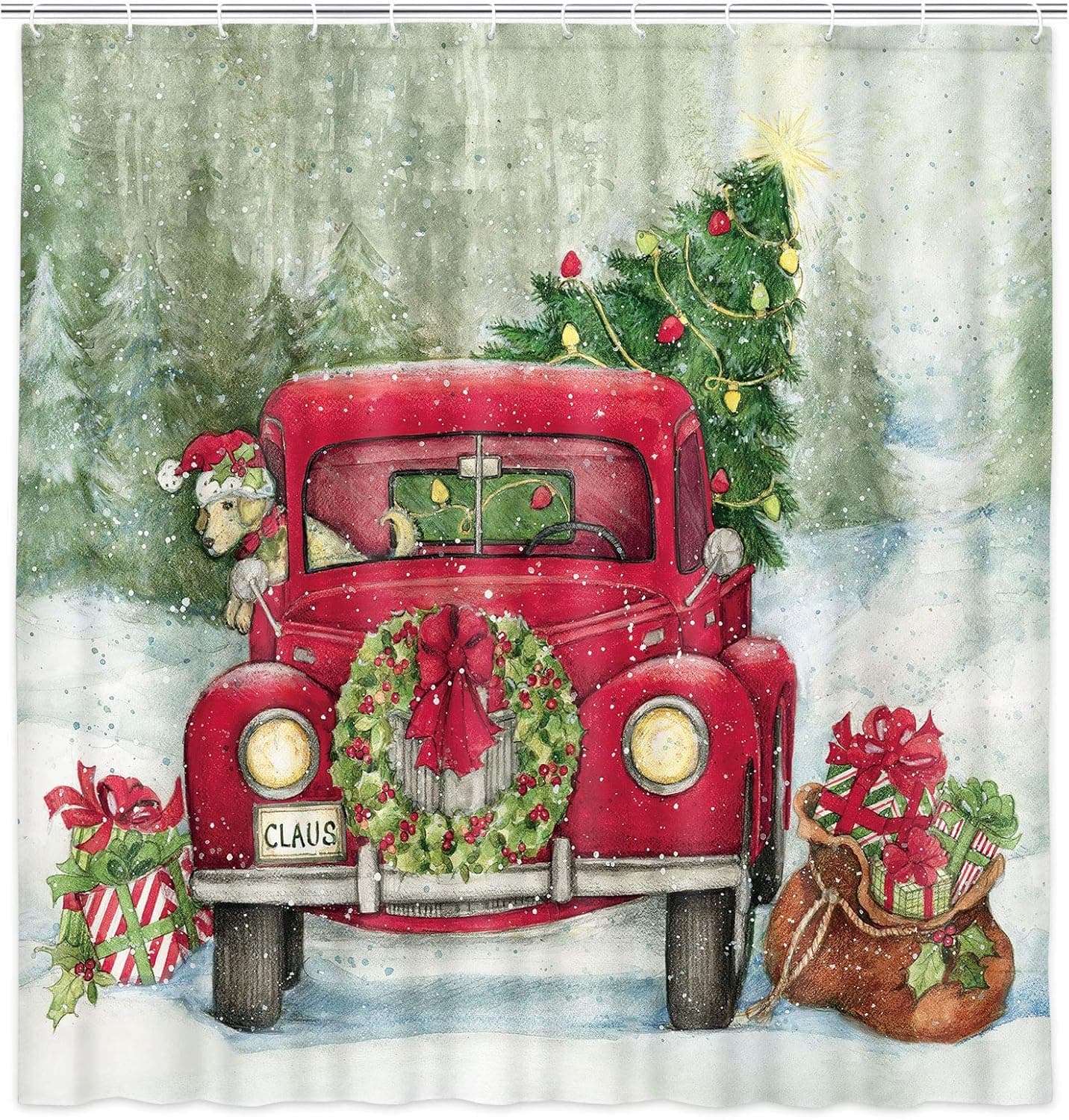 MERCHR Christmas Shower Curtain, Rustic Vintage Red Truck Carrying Christmas Tree Cute Dog with Red Santa Hat Snowflake Cloth Shower Curtains, Kids Holiday Shower Curtains with Hooks 69x70In