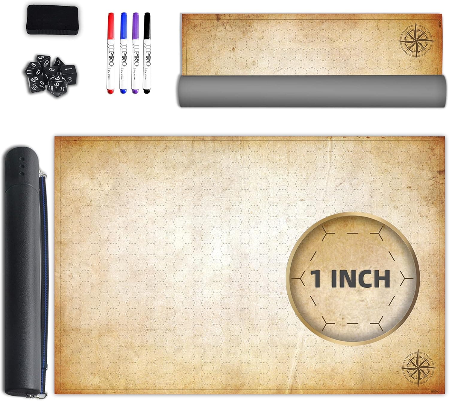 Battle Grid Game Mat - 24"x36" Vinyl Game Mat - Table Top Role Playing Map - Reusable RPG Dungeons and Dragons (DND) Game Map - Portable Plastic Storage Tube and Markers, Eraser, Dice Set Included