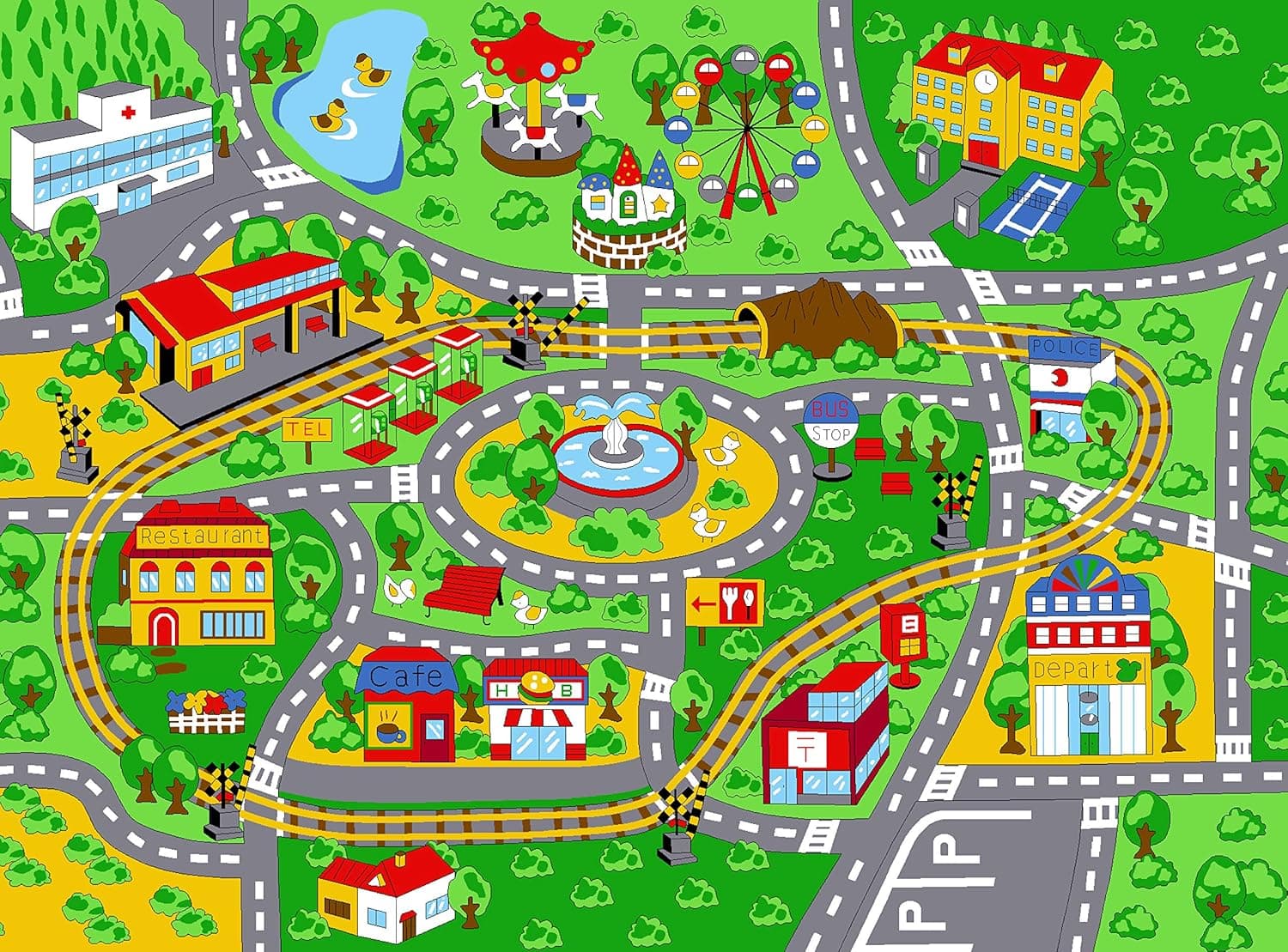 SugarPoP Kids Carpet Playmat City Life Road Rug Large 79”X58” Play with Cars, Trucks and Toys Washable, Non-Slip - Green