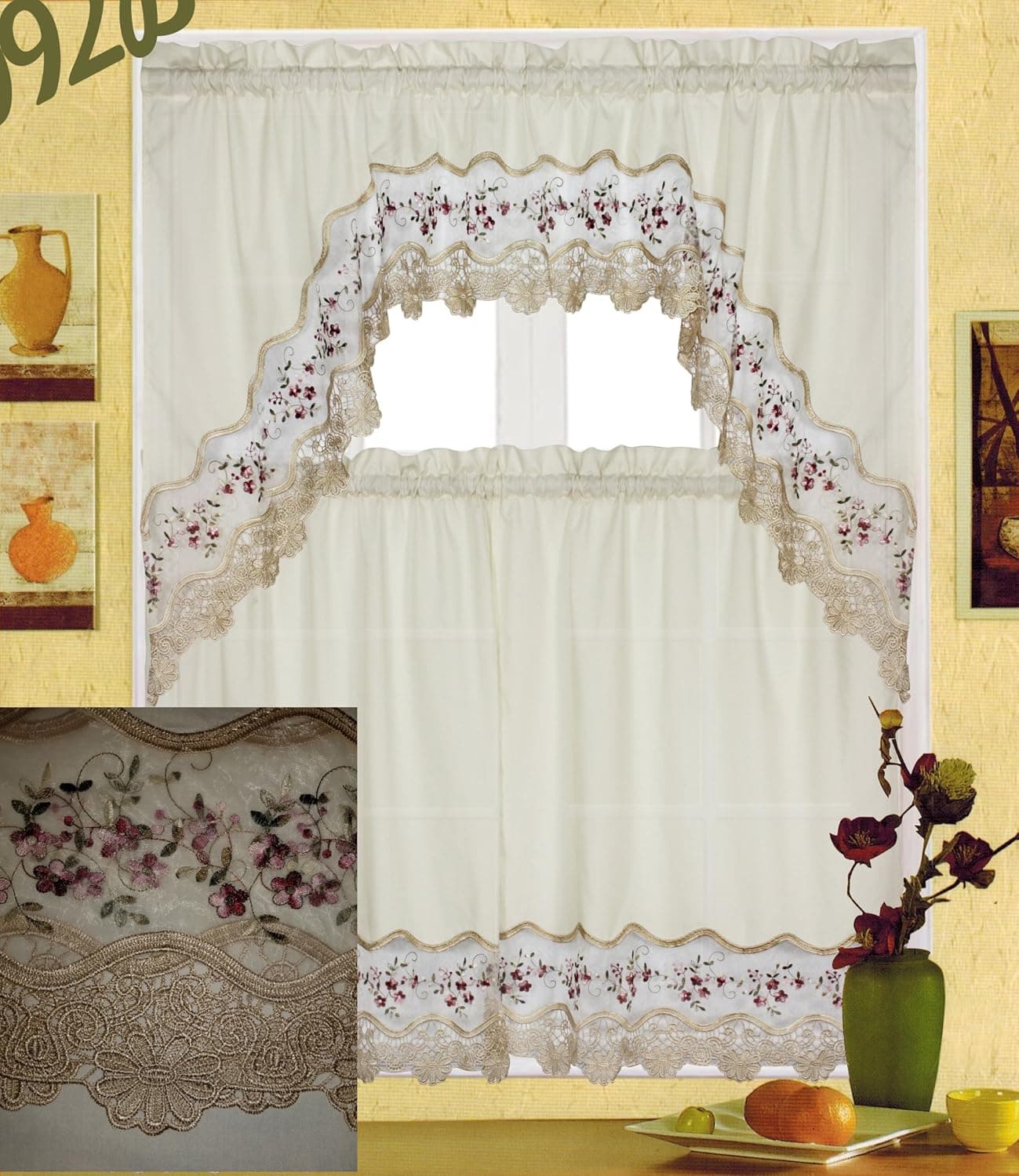 Fancy Collection 3pc Beige with Embroidery Floral Kitchen/Cafe Curtain Tier and Valance Set 001092 (60" x 38", Burgundy/Beige)