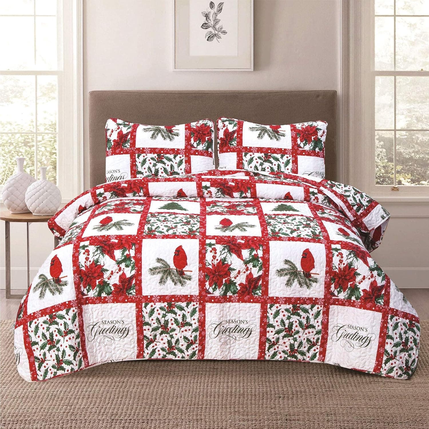 Christmas Holiday Twin Patchwork Quilt Bedding Set Cardinal Poinsettia Holly Mistletoe