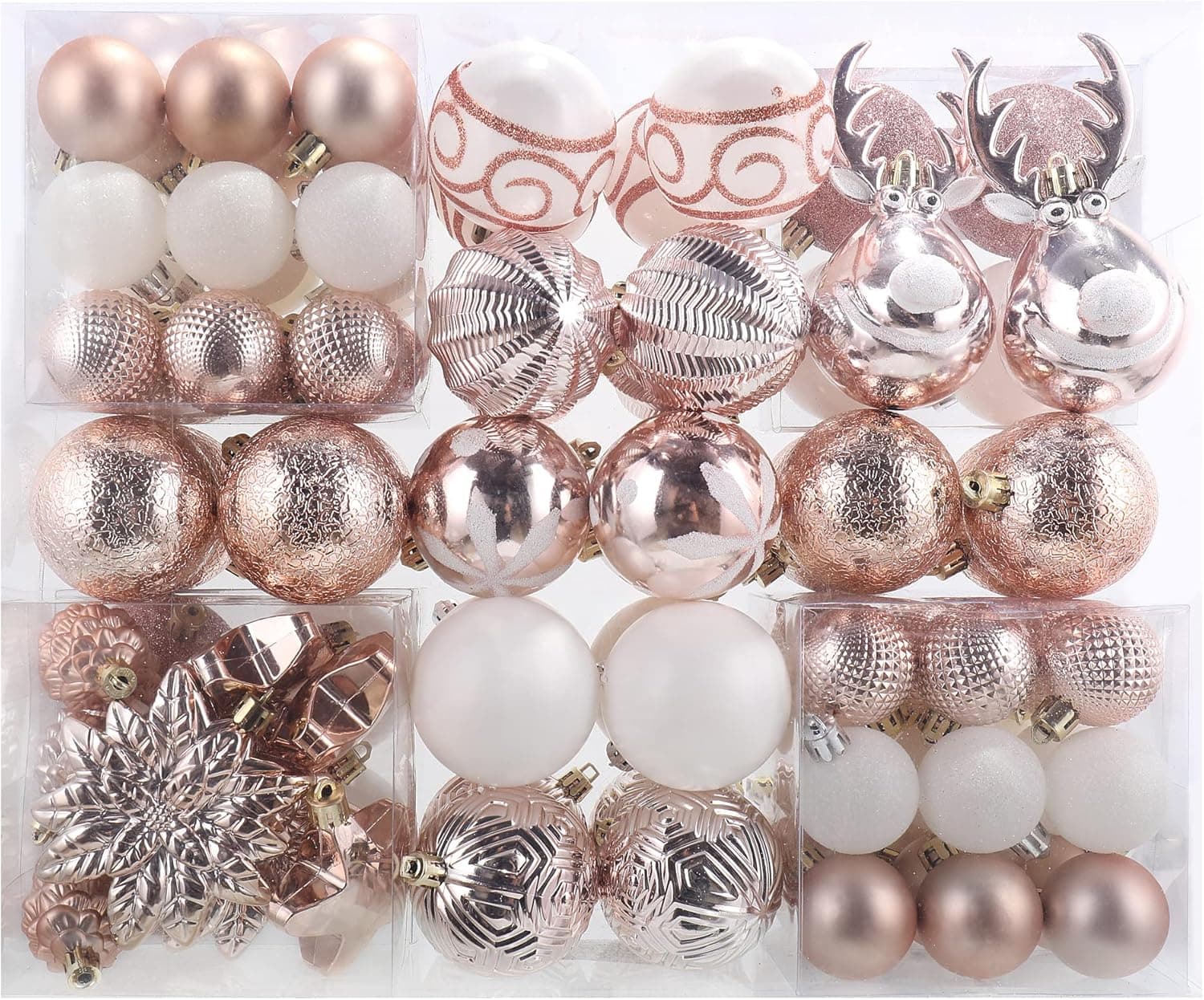 MOWARM 100-Pack Various Shatterproof Christmas Balls, Christmas Decorative Ball Ornaments with Gift Package for Xmas Tree- Rose Gold