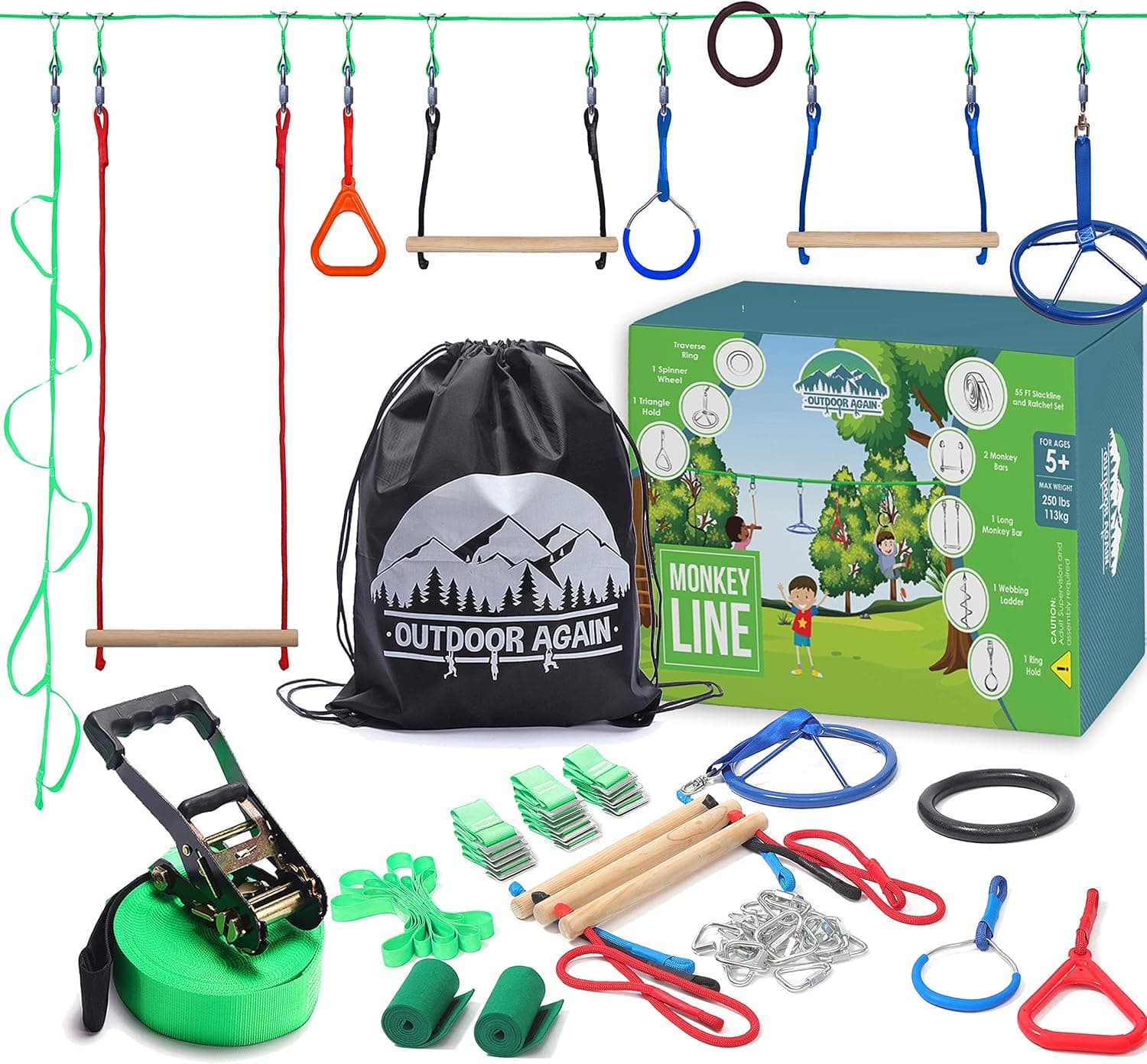 Outdoor Again 55' Ninja Warrior Obstacle Course for Kids - 9 Obstacles - Ninja Slackline - Kids Obstacle Course - Ninja Course for Kids Outside - Kids Ninja Warrior Obstacle Course- Ninja Slack Line