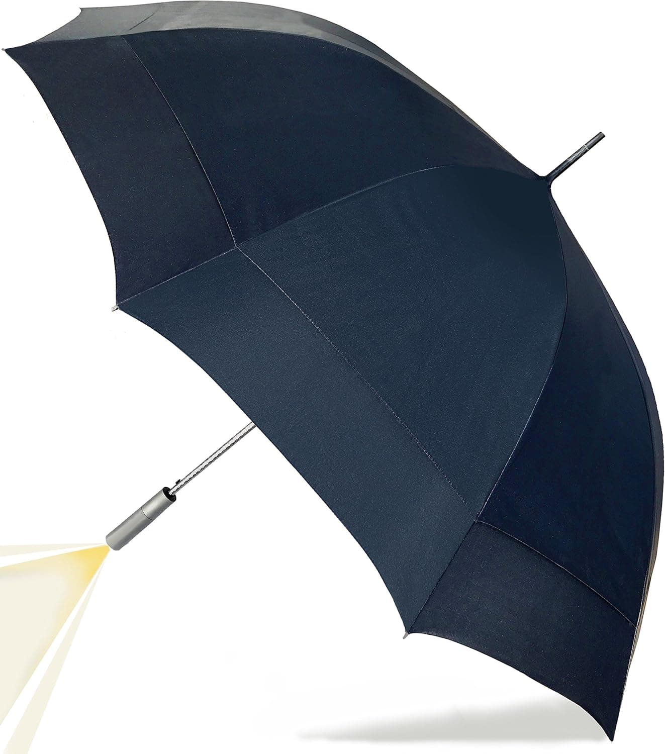 QSM Worldwide Large Umbrella with LED Flash Light in The Easy Grip Handle. Super Strong & Waterproof, 10 Metal Ribs & Fibreglass Shaft, Largest Double Wind Vents in The Market 210T UV Fabric