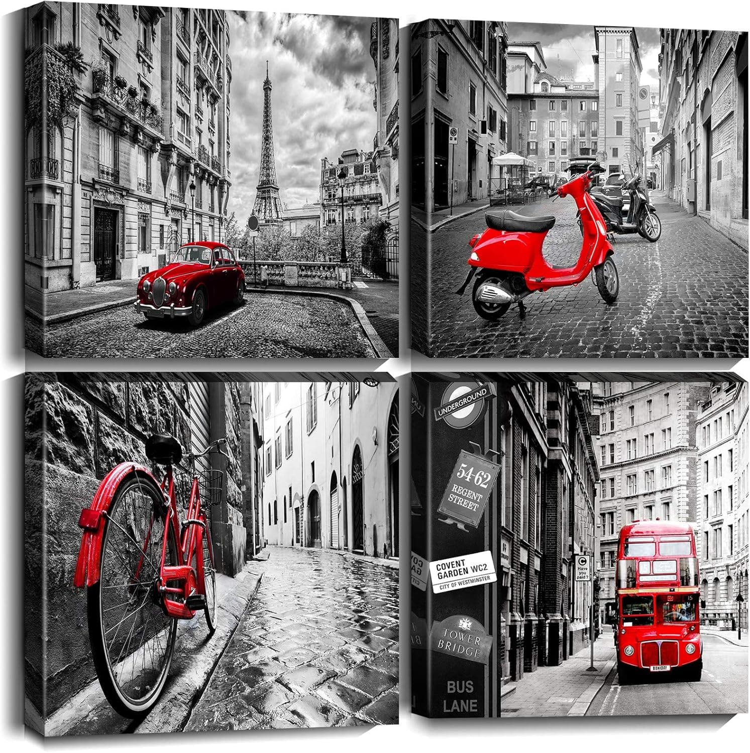 U/ Black White Red Bus Motorcycle Wall Art Canvas Pictures Cityscape London Eiffel Tower Print Painting Street City View Artwork for Bedroom Living Room Decoration