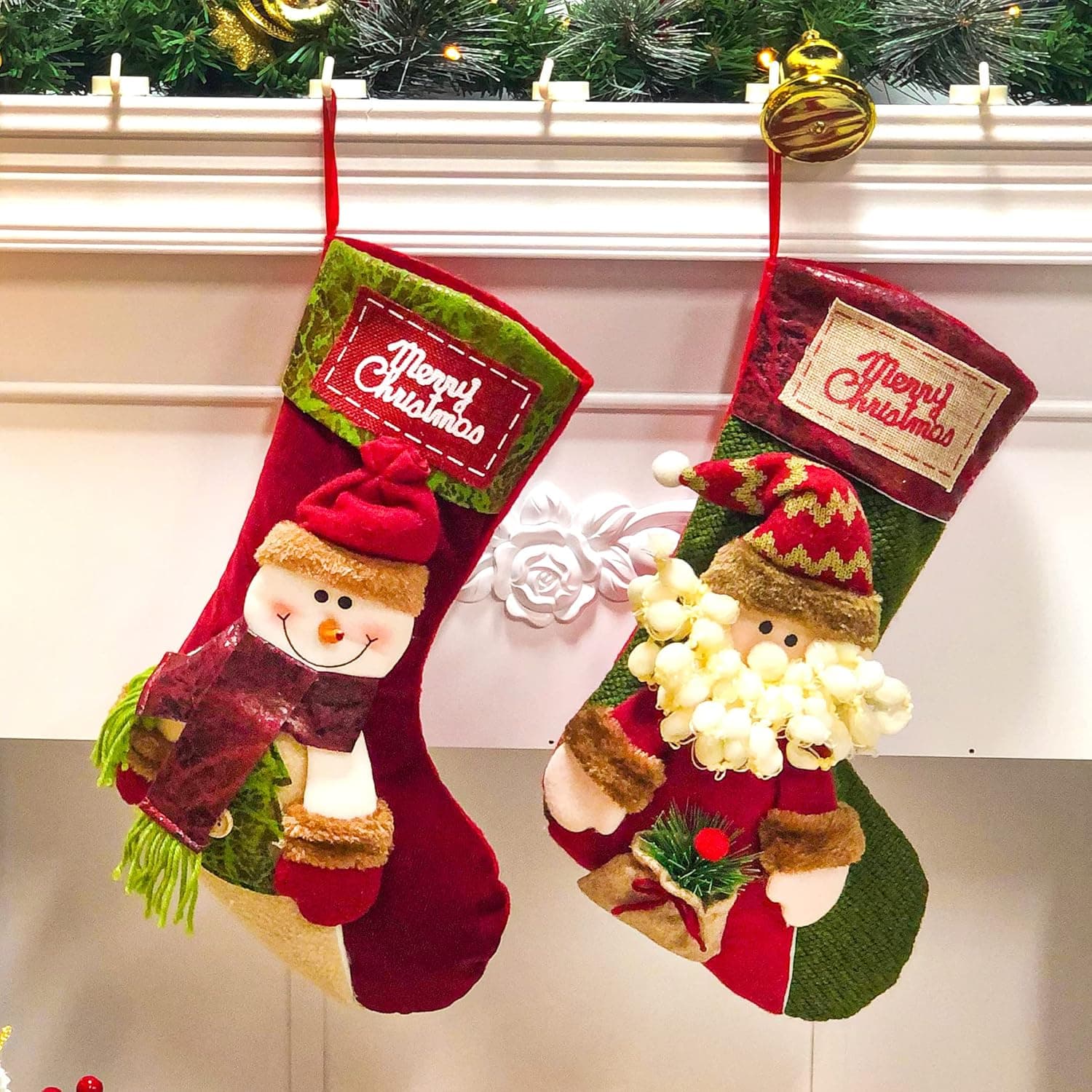 Cuteoy Christmas Stockings 2Pcs Xmas Stockings with 3D Santa Snowman Hanging Stocking for Christmas Tree Fireplace Decorations Christmas Party Set of 2