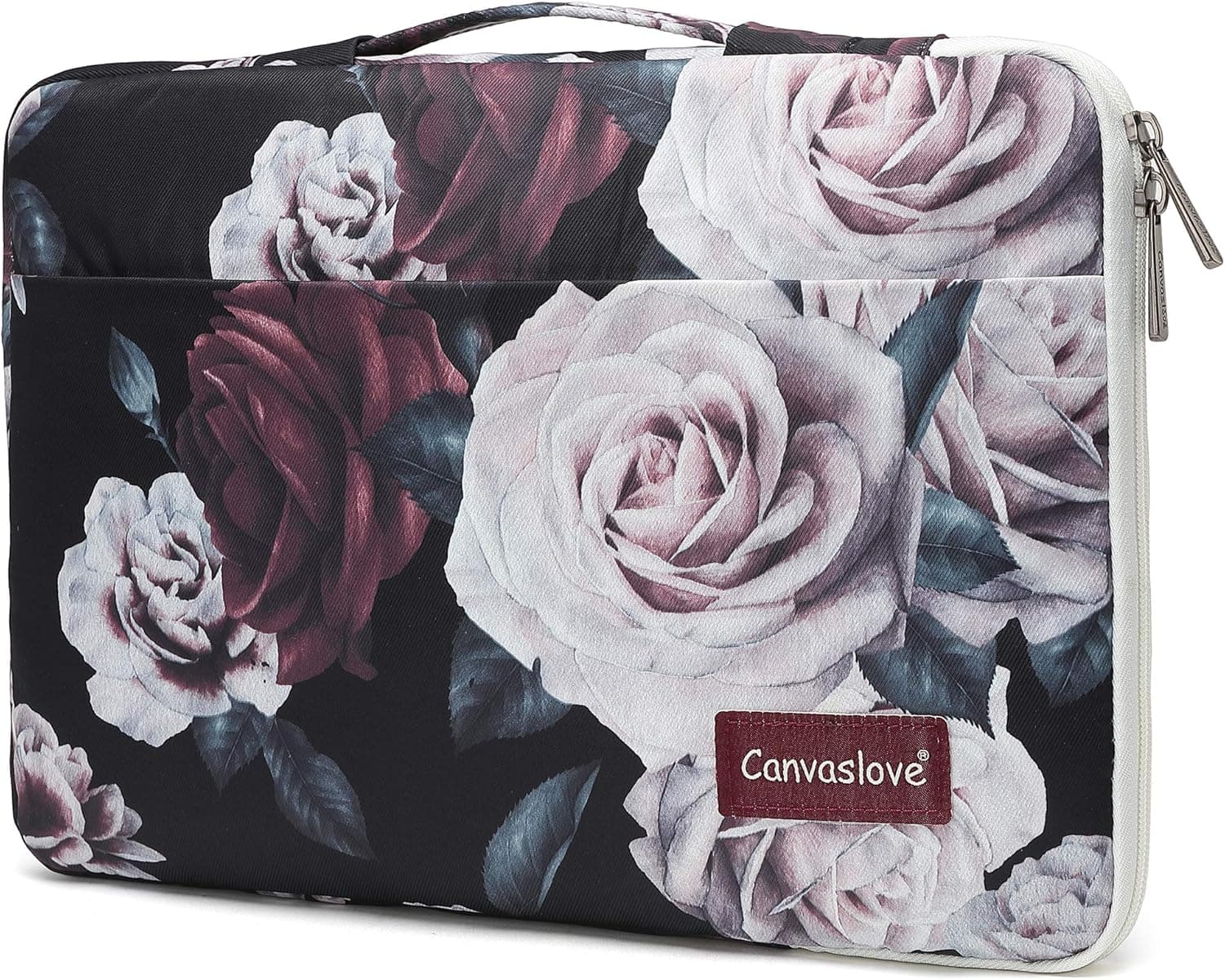 Canvaslove Waterproof Laptop Sleeve Bag case with Pockets and Handle (15.6 inch, Red and White Rose)