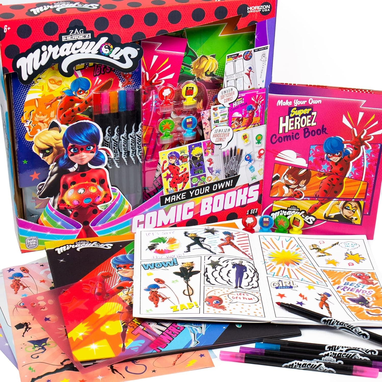 Miraculous Make Your Own Comic Book, Create 2 Comic Books Ladybug, Cat Noir, Tikki & More, DIY Comic Book Kit, Great Travel Toy, Road Trip Activity, Creative Toys for Kids Ages 6, 7, 8, 9, 10