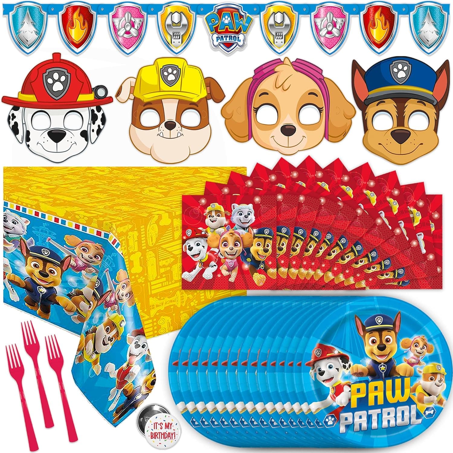 Unique Paw Patrol Birthday Decorations | Paw Patrol Party Supplies | With Paw Patrol Tablecloth, Paw Patrol Plates, Napkins, Character Masks, Forks, Button | Serves 16 Guests