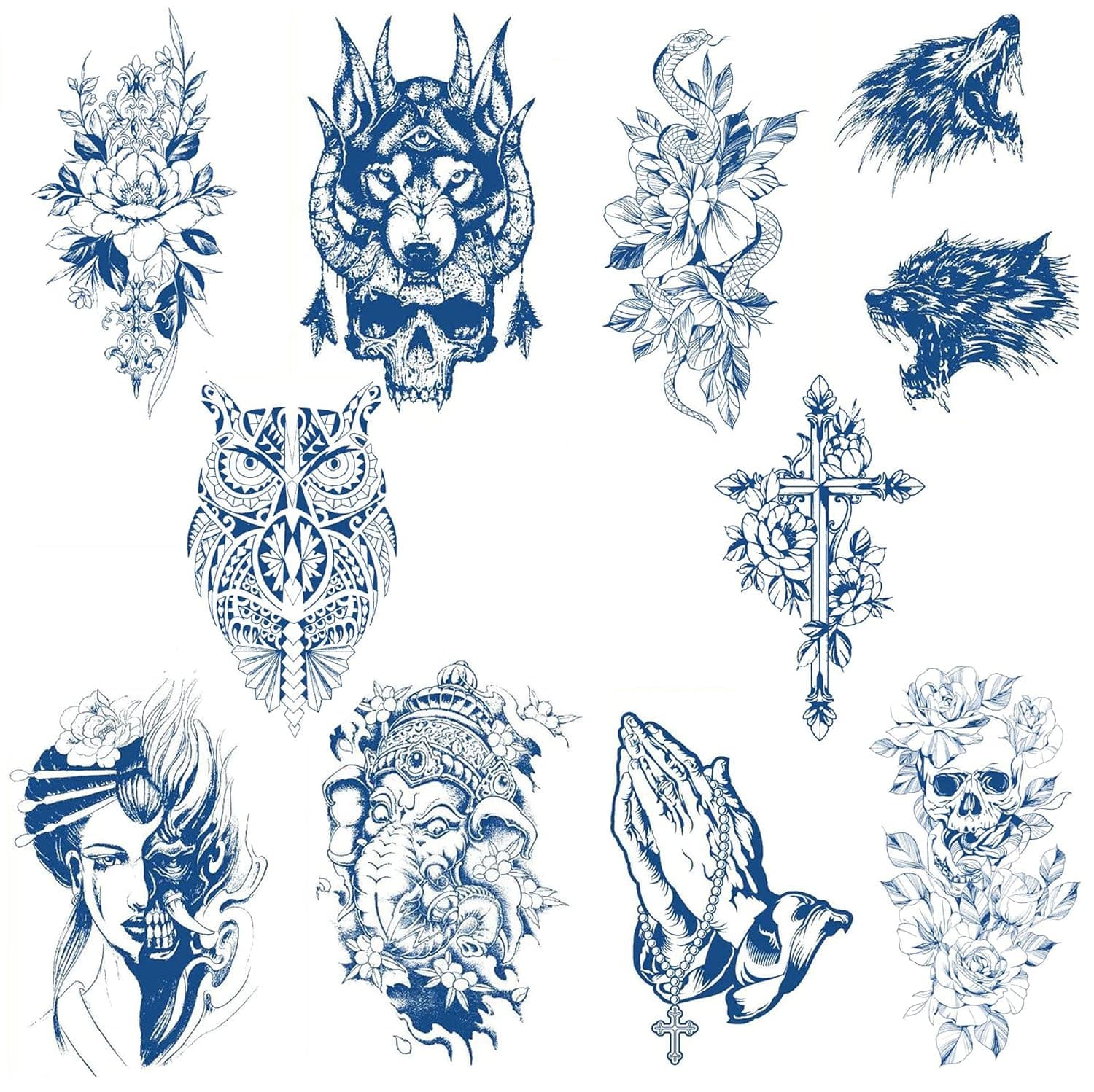 Hoojan Temporary Tattoo(10 Sheets) Semi Permanent Tattoos, Premium Juice Temporary Tattoo Stickers Skullhead Rose Snake Wolf Cross Waterproof Fake Tattoos for Adult Men and Women.