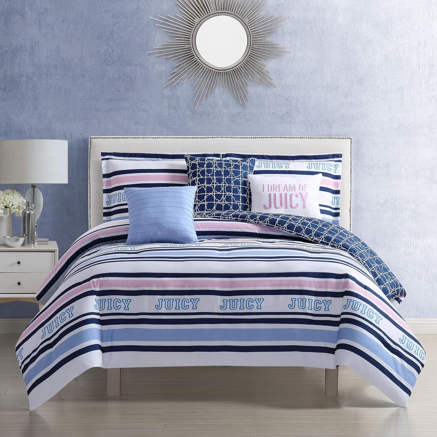 Juicy Couture Blair Stripe Reversible Bedding Set - Queen Size – Blue Pink White Stripes Logo and Abstract Print - 6 Piece Set - Includes 1 90 inch x 90 inch Comforter, 3 Decorative Pillows, 2 Shams