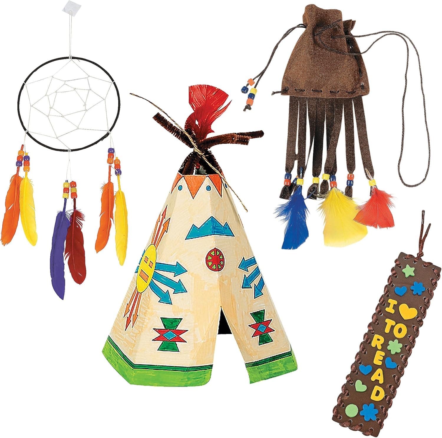 Native American Themed Craft Kits; 1 Imitation Leather Bookmark, 1 Native American Pouch Necklace, 1 Color Your Own Teepees & 1 Dream Catcher | Holiday Summer School Thanksgiving Activity Gift Set.