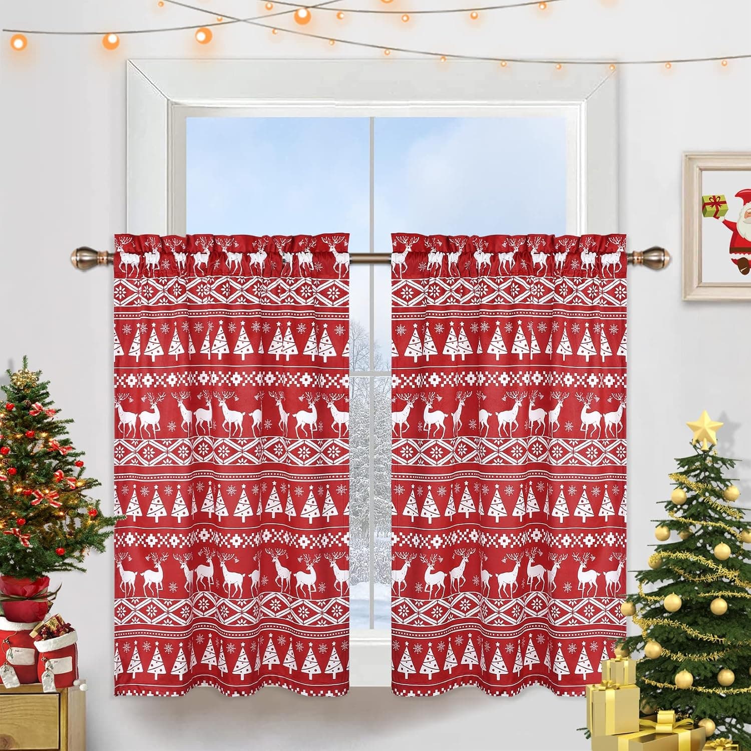 HOMERRY Christmas Red Velvet Kitchen Cafe Curtains 45 Inches Length, Christmas Tree Deer and Snowflake Half Window Curtains for Bathroom, Rod Pocket Tier Curtains for Living Room, Set of 2