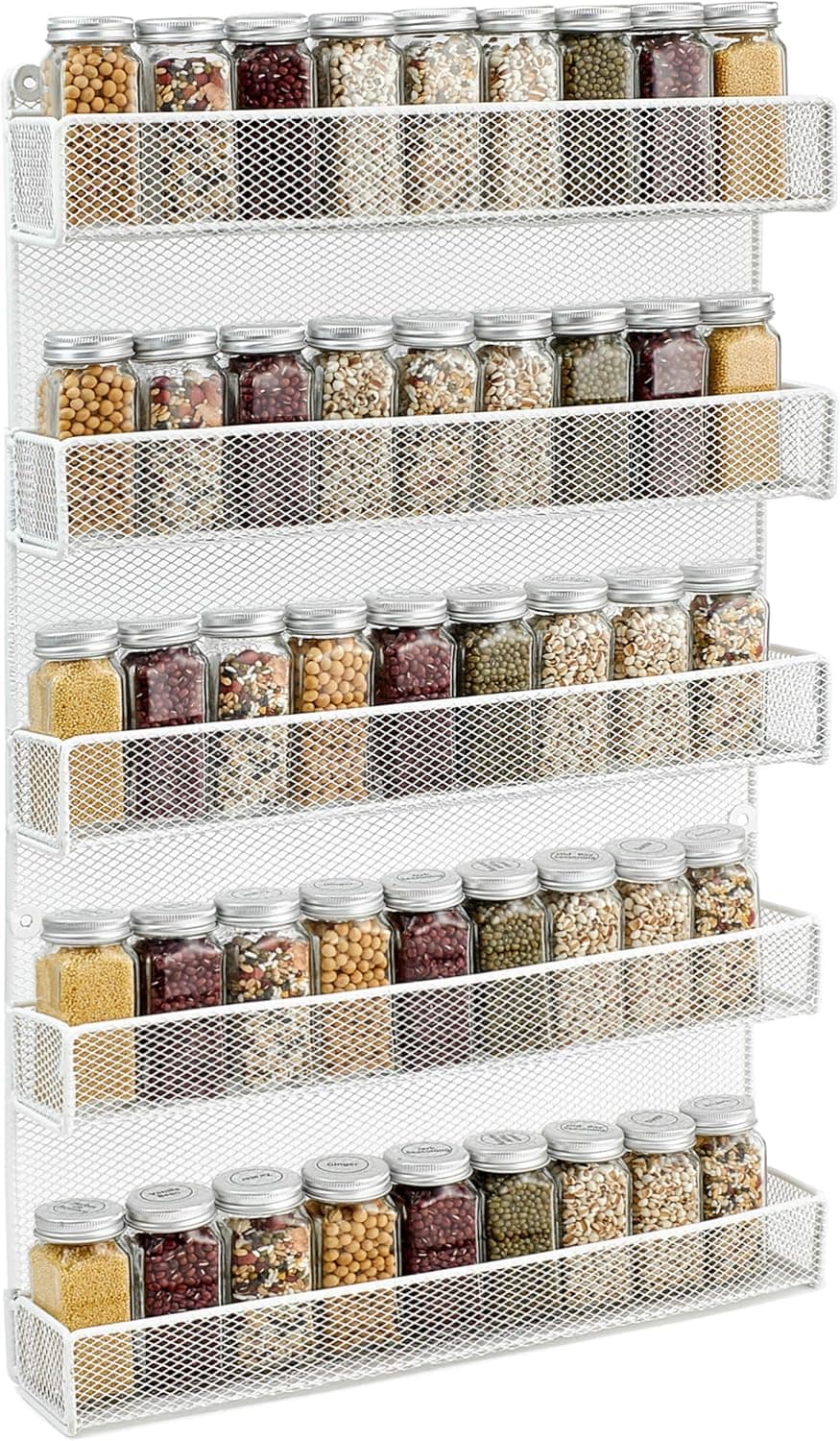 5 Tier Kitchen Wall Mount Spice Rack Organizer Large Kitchen Spice Storage Shelf, White