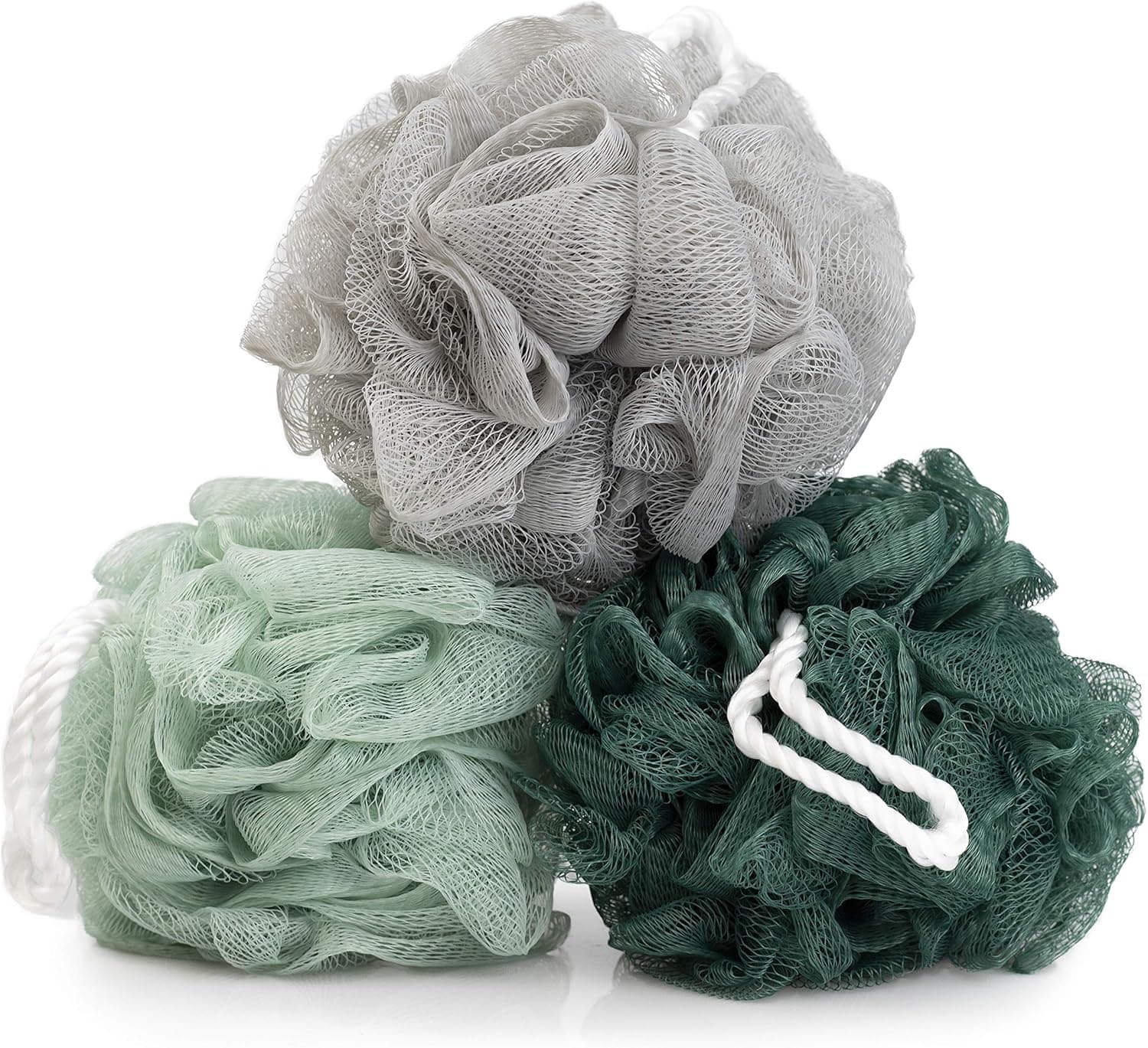 Body Prescriptions 3 Pack Men’s Care Exfoliating Loofahs/Shower Poofs in Mint Green, Gray and Dark Green