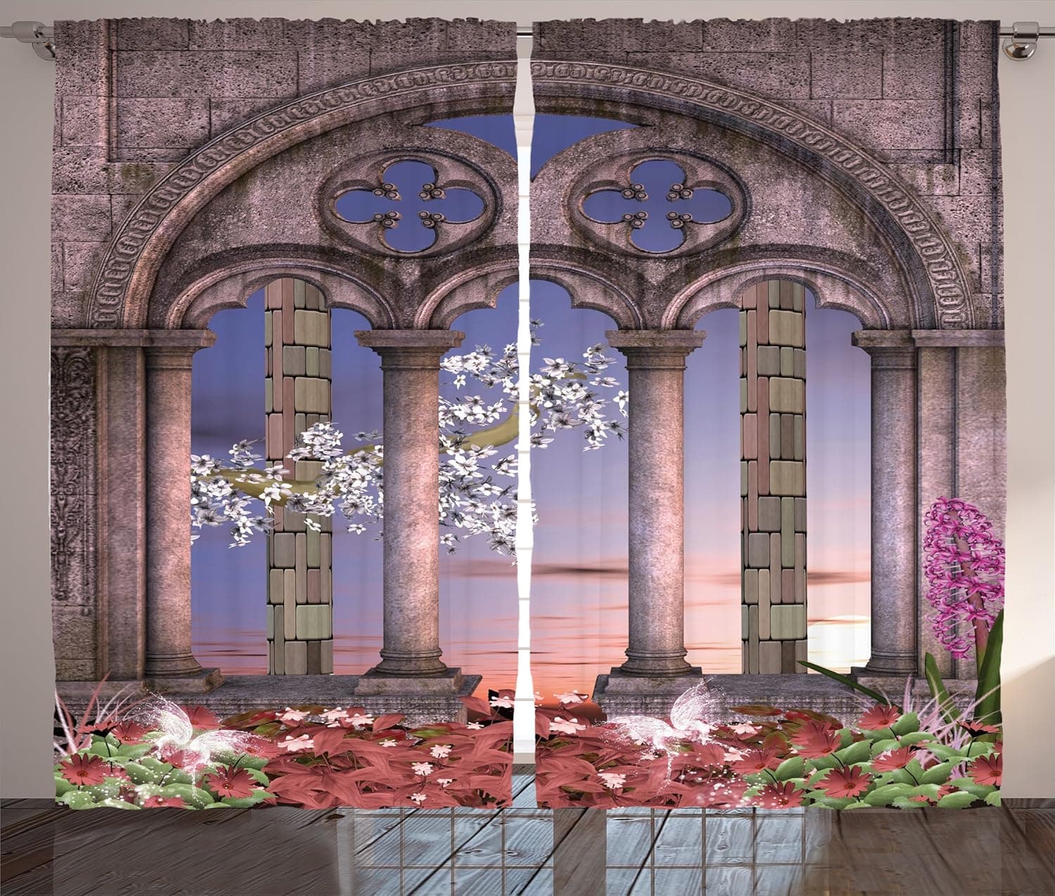 Ambesonne Gothic Curtains, Colonnade in Secret Garden with Flowers at Sunset Enchanted Forest, Living Room Bedroom Window Drapes 2 Panel Set, 108" X 84", Lilac Grey