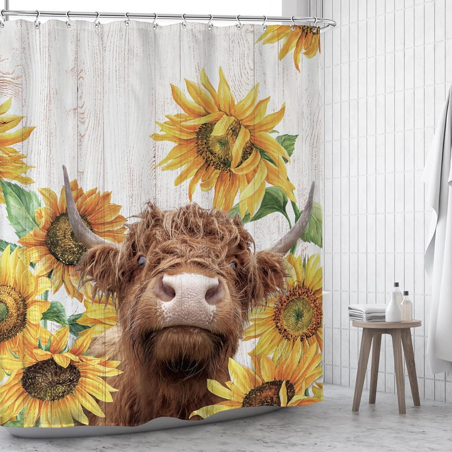 Omifly Cow Sunflower Shower Curtain,Farmhouse Shower Curtains,Funny Highland Cow Shower Curtain,Rustic Cattle Wooden Floral Buffalo Western Country Barn Bull Bathroom Set 60Wx72H Inch with 12 Hooks