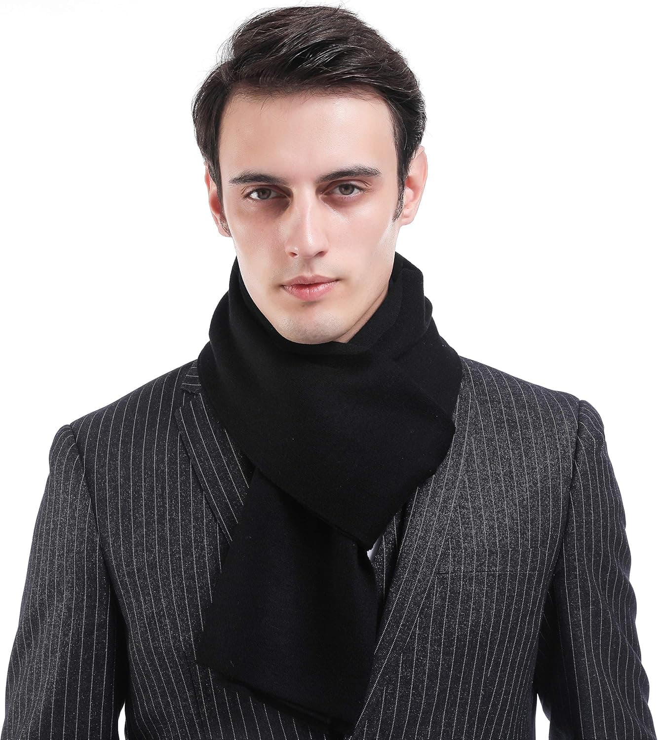 Wool Mens Scarfs Cashmere Feel Warm and Soft Australian Merino Wool Knit Long Black Scarf for Men with Gift Box (Black)