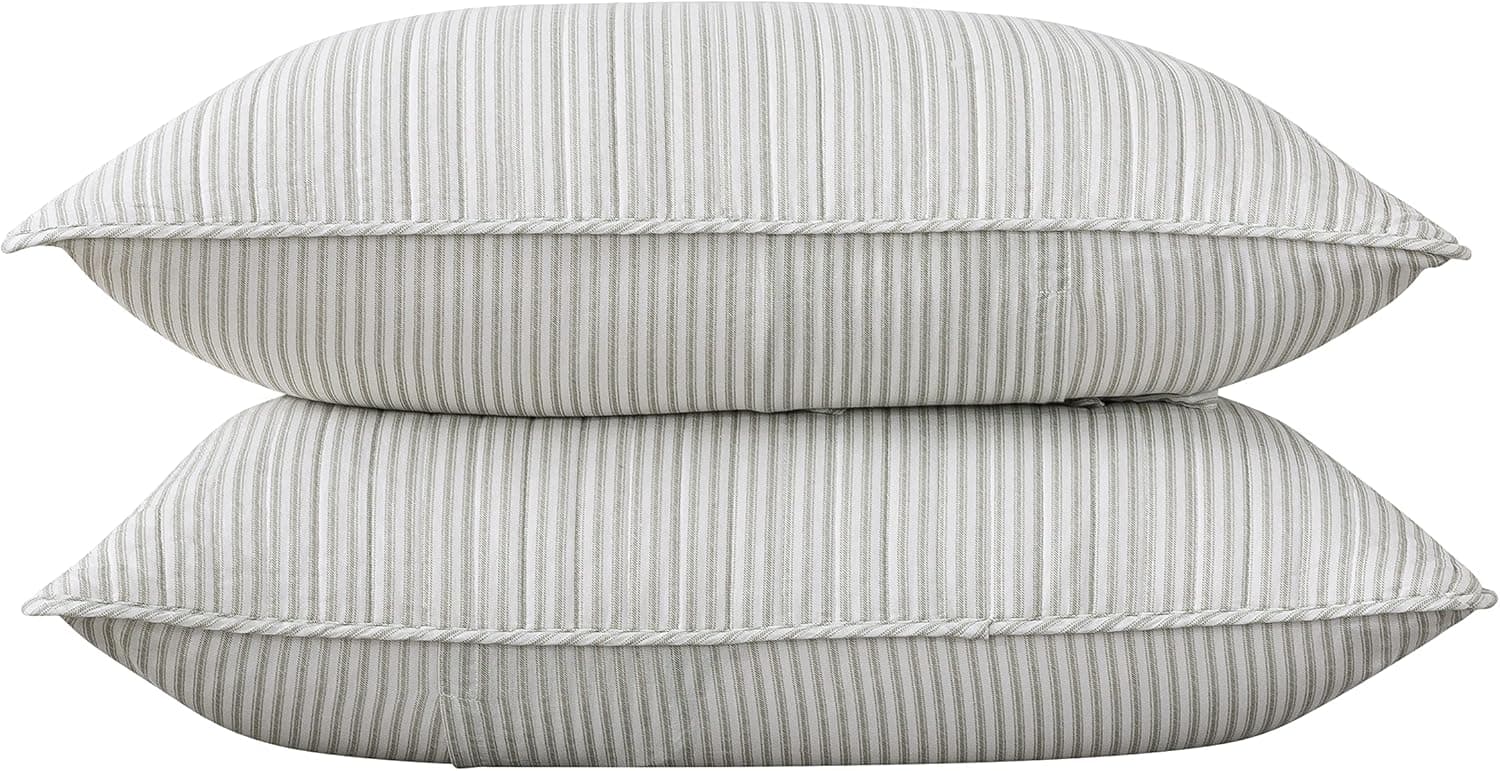 Soul & Lane Quilted Ticking Stripe Bedding: Set of 2 White King Size Pillow Shams (20" x 36"): Farmhouse White Cotton Bedspread, Vintage Striped Bed Linen Pillow Shams Set, Country Cabin Bed Set