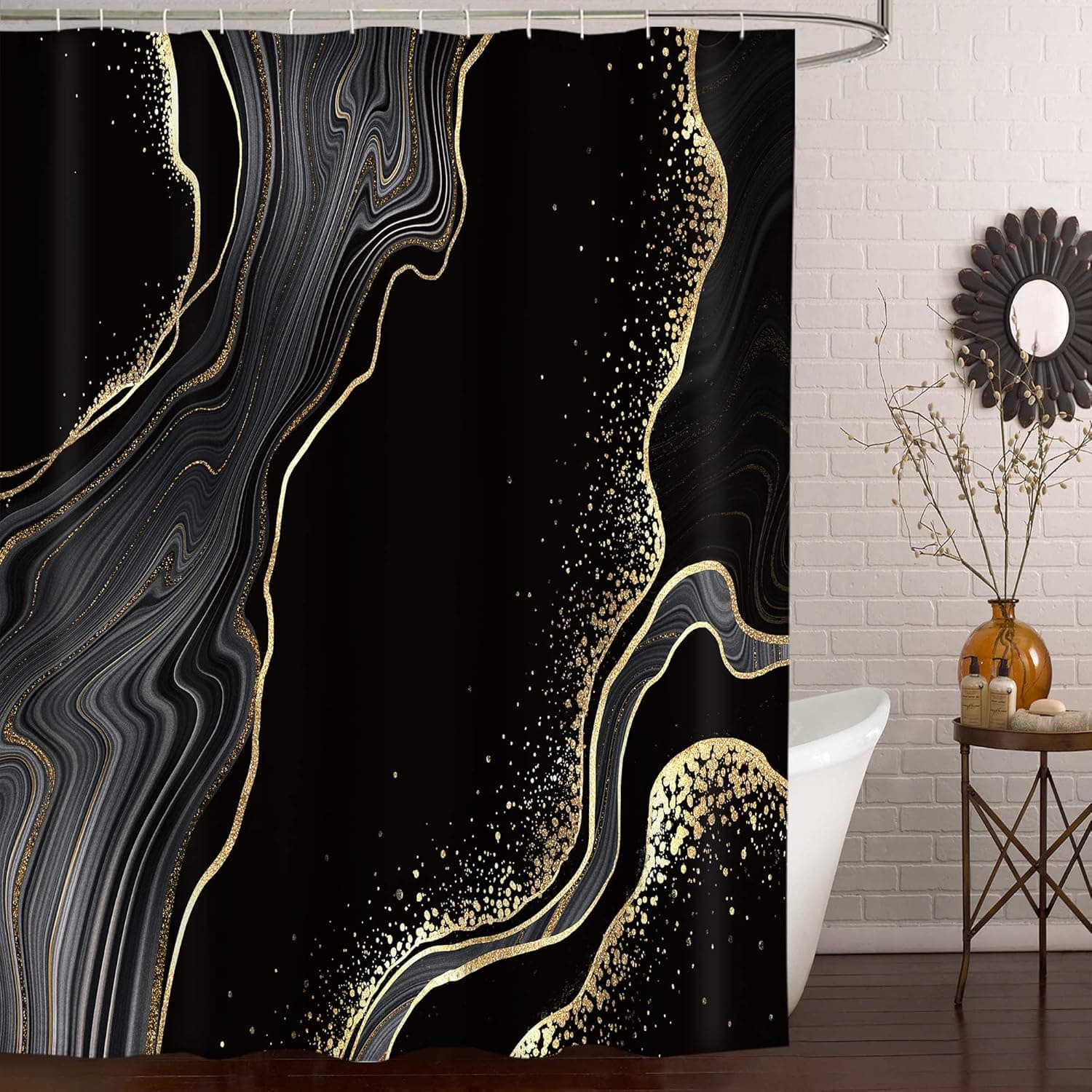 Yookeb Black Gold Marble Crack Bathroom Shower Curtain Luxury Abstract Decorative Textured Geode Art 60W by 71H Inch Polyester Fabric 12 Plastic Hooks Waterproof Decor
