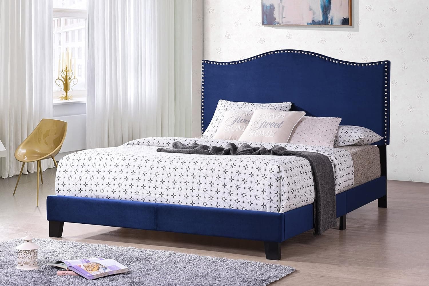 Kings Brand Furniture Clarno Blue Velvet Nailhead Trim Full Size Upholstered Bed