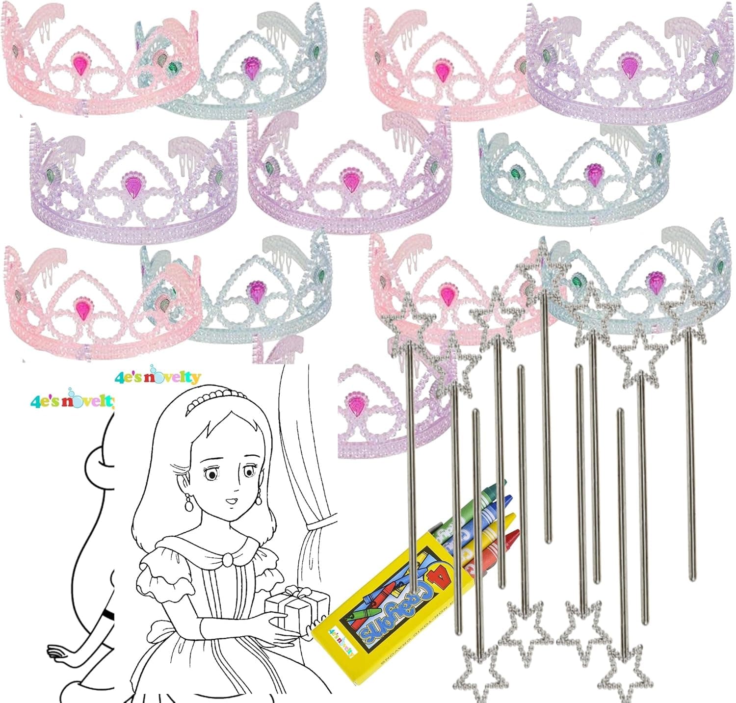 4E's Novelty Colorful Princess Party Tiaras with Star Wand 12 per Unit with Coloring Paper and Crayons Bounce Sticker