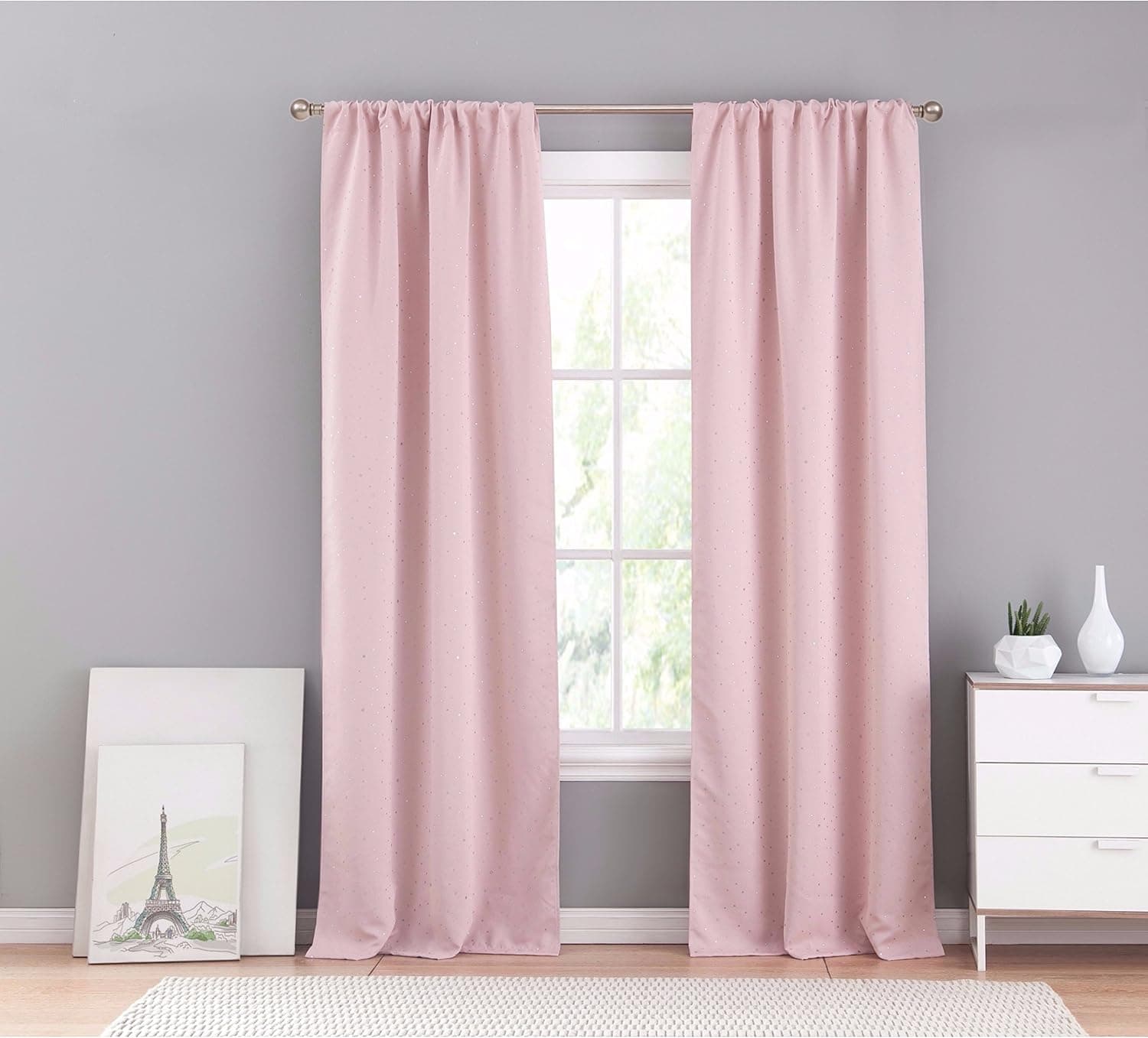 Lala + Bash Davis Pole Top Metallic Textured Window Curtain Pair Drape for Living Room & Bedroom-Set of 2 Panels, 37"W x 63"L, Blush