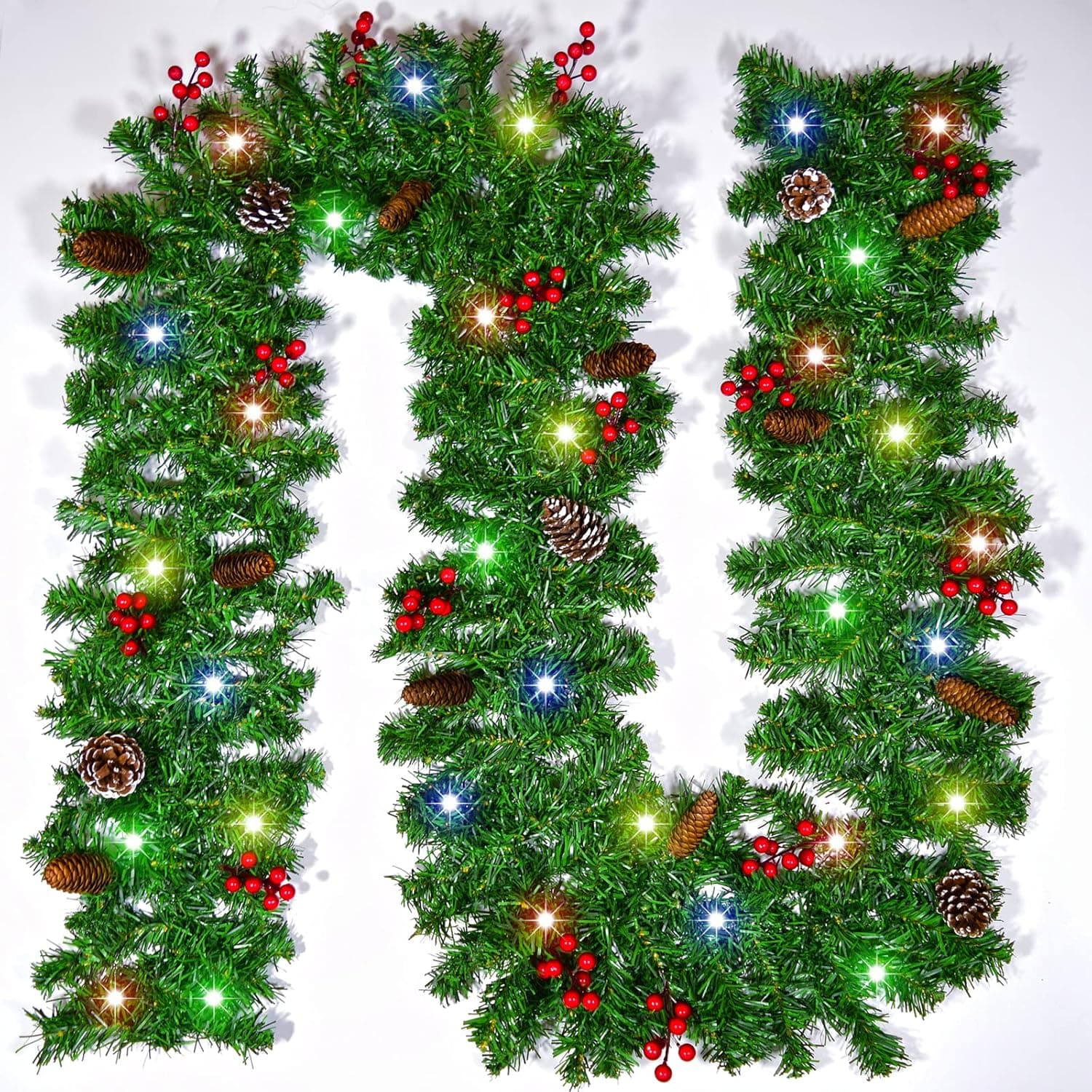 9FT Christmas Garland with 50 LED Lights Battery Operated, Christmas Lighted Garland with Pinecones, Red Berries for Mantel Fireplace Stairs Railing Front Door Indoor Outdoor Decor