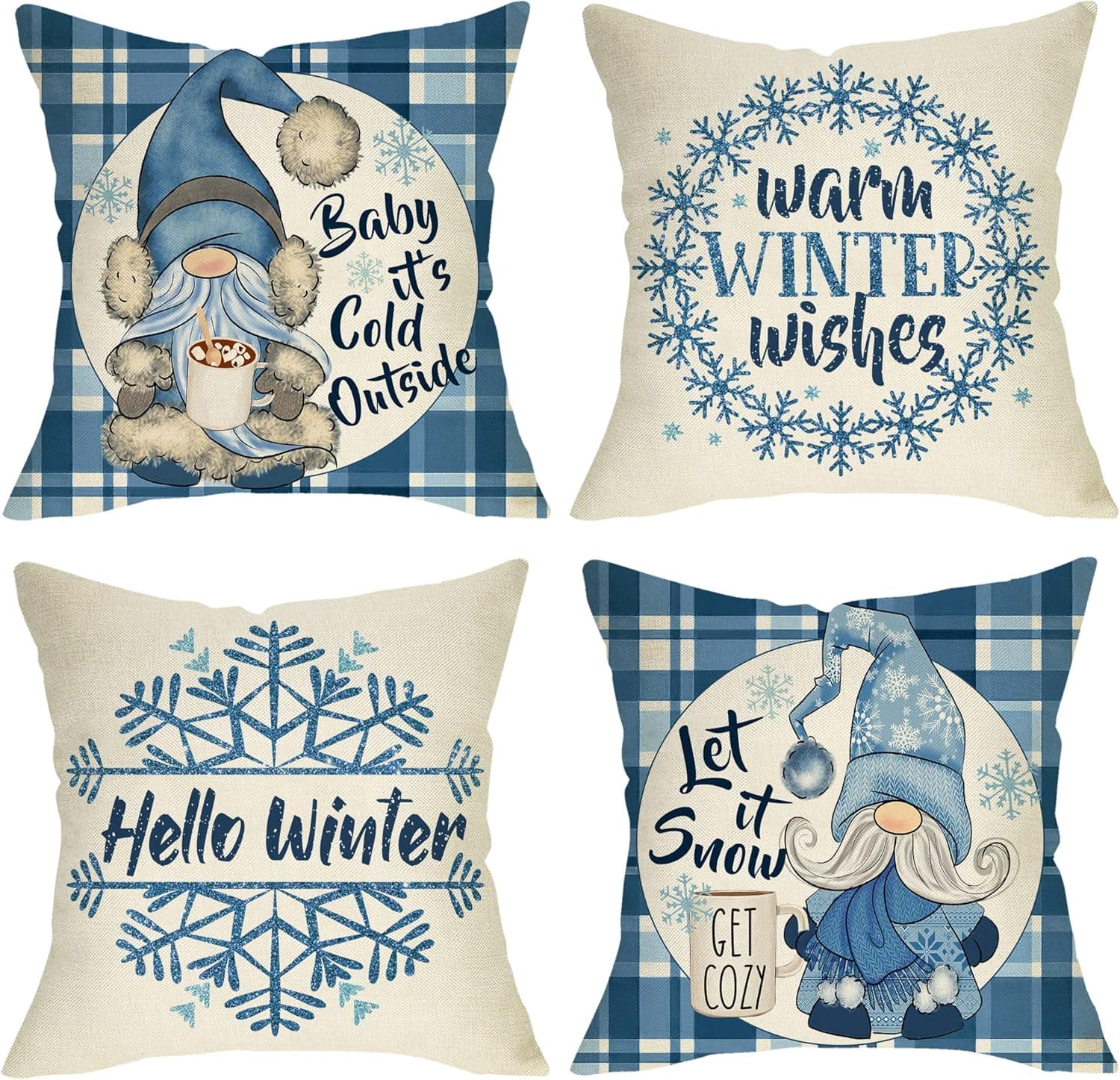 Ussap Hello Winter Warm Wishes Gnome Decorative Throw Pillow Cover Set of 4, Snowflake Hot Cocoa Baby It's Cold Outside Cushion Case Decor, Buffalo Plaid Christmas Decoration for Sofa Couch 20 x 20