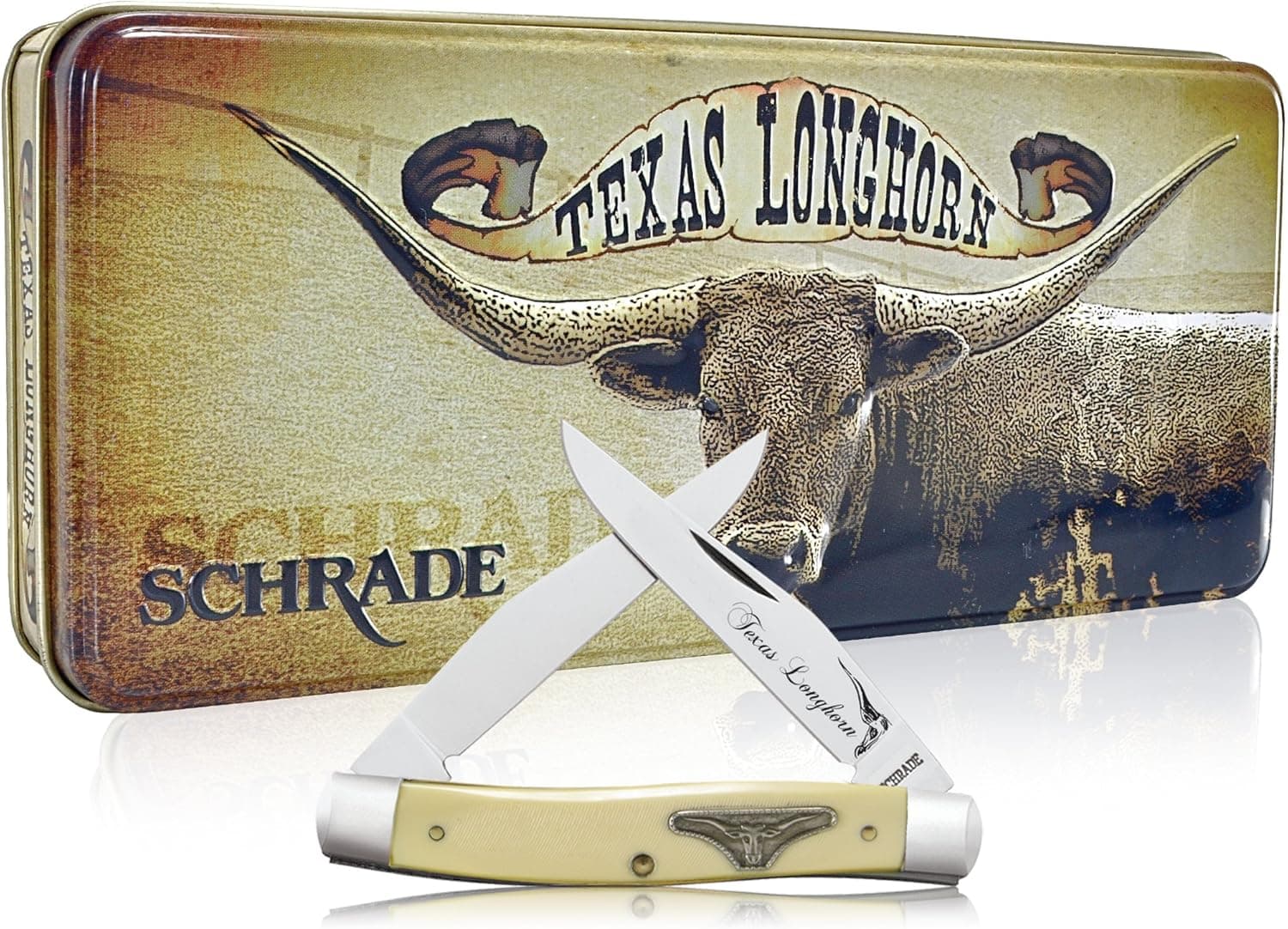 Schrade 77LHT 4" Muskrat 2 Blade Knife, Cream Delrin Handle with Texas Longhorn Shield and Collector's Tin