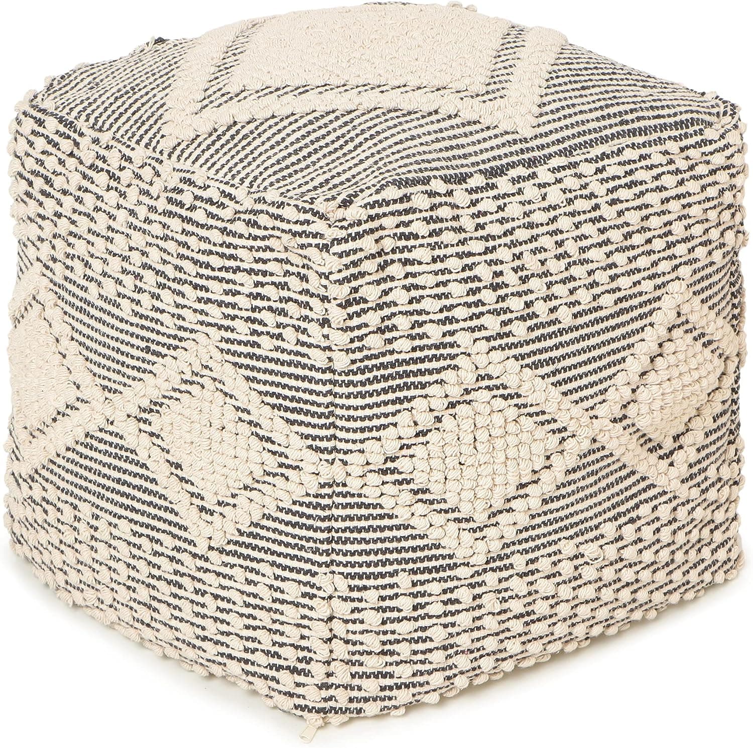 · REDEARTH · UNSTUFFED Square Pouf Ottoman Cover Textured Storage Boho Cube Poof, Farmhouse Pouffe Footrest for Living Room, Bedroom, Nursery, Kidsroom 100% Cotton (20x20x20; Black)