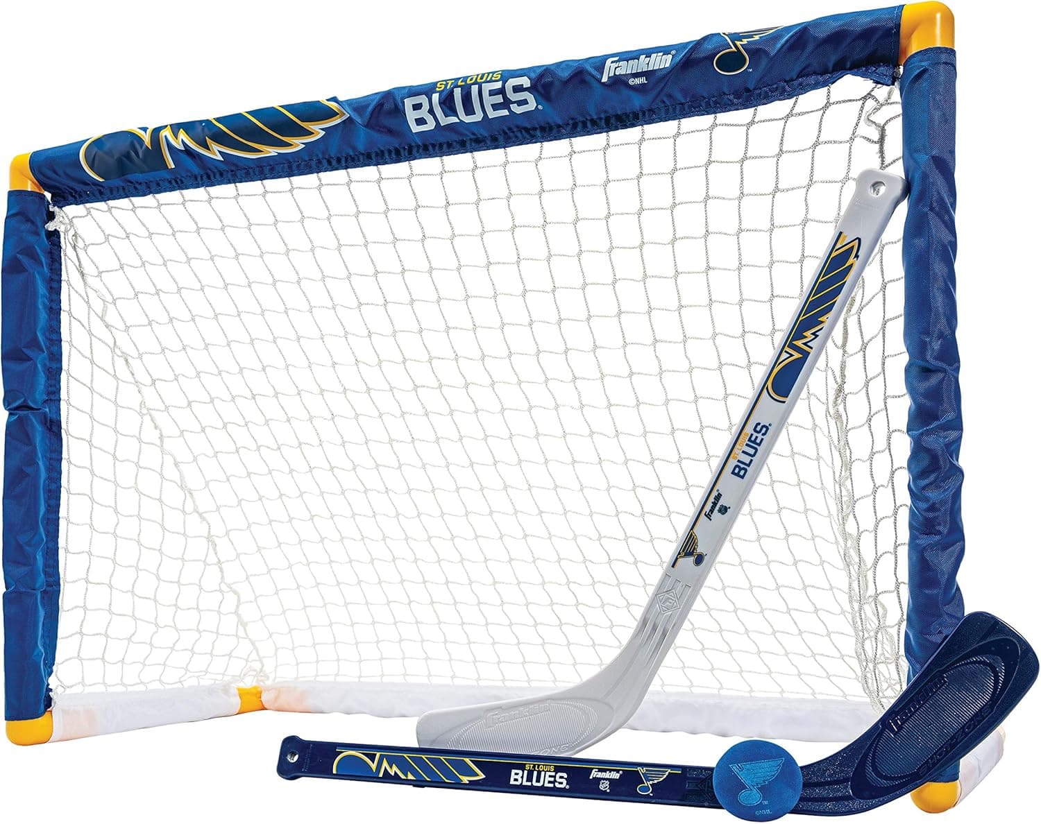 Franklin Sports NHL Mini Hockey Sets - Knee Hockey Goal, Ball, & 2 Hockey Stick Combo Set - Mini Goal Net - NHL Official Hockey Sets
