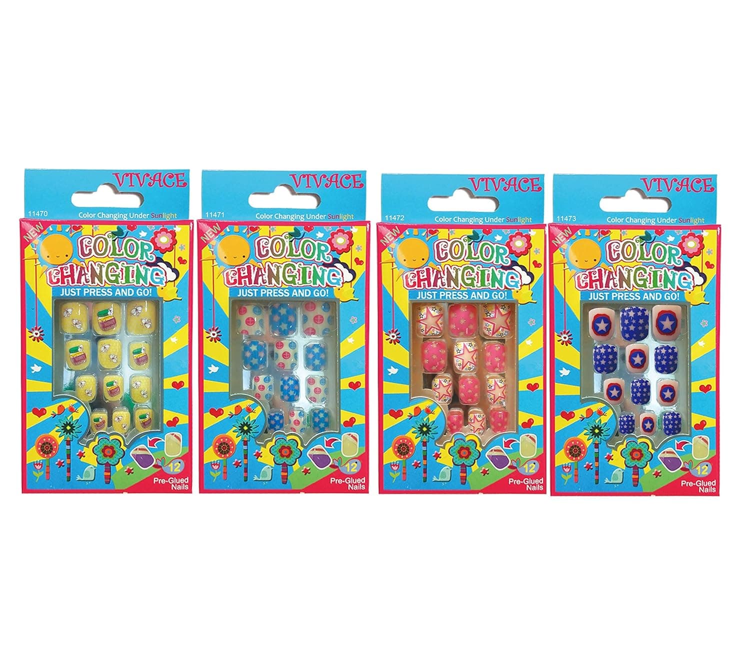 Vivace 4Pack 48Tips Color Changing Under Sun Fake Nails, Artificial Preglued Junior Sticker Nails 11470 etc (Sun 3)