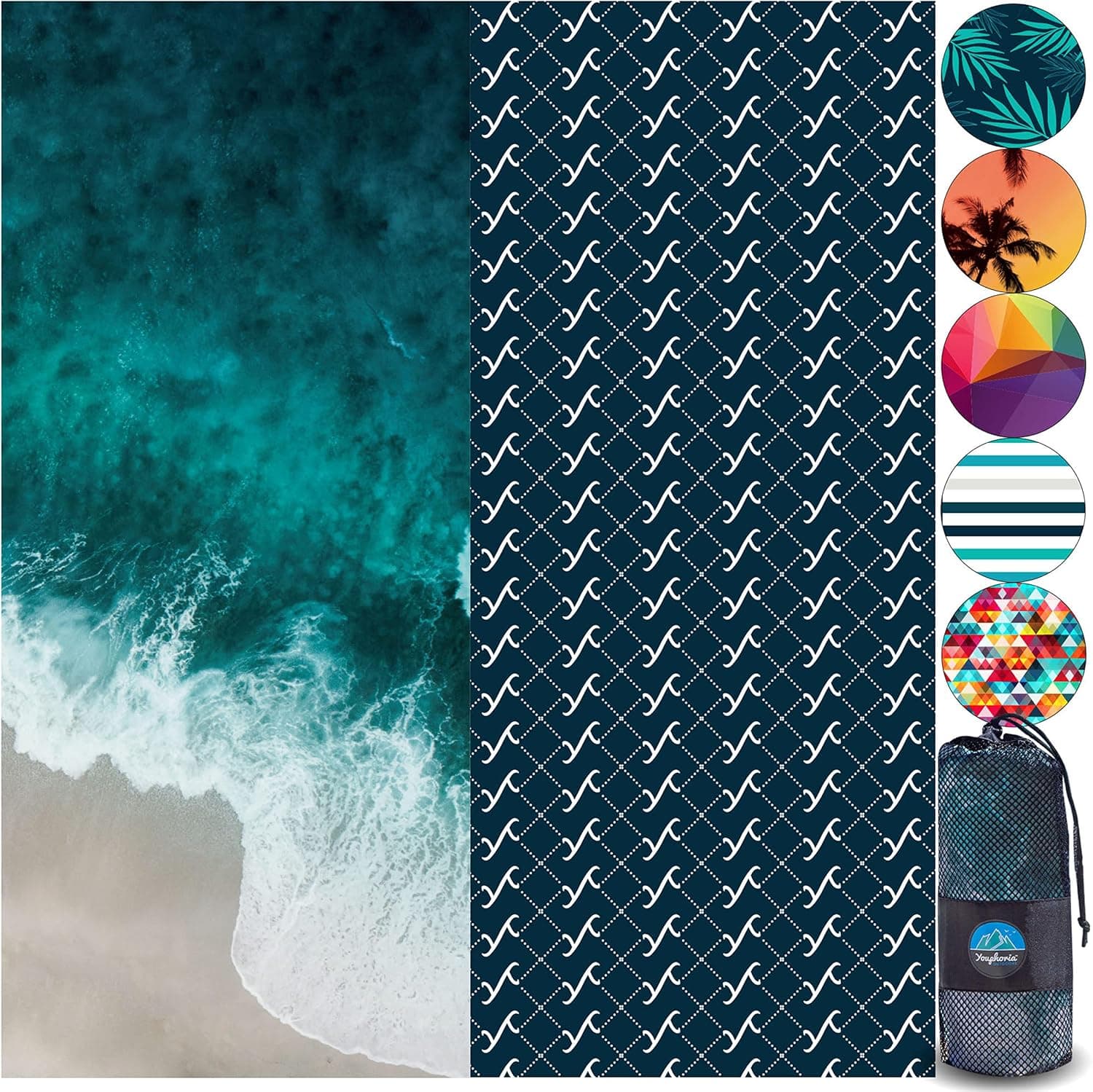 Youphoria Microfiber Quick Dry Beach Towel (32” x 72”) - Sand Free Beach Towel - Packable, Absorbent, Lightweight Travel Towel, Swimming, Pool, and Camping