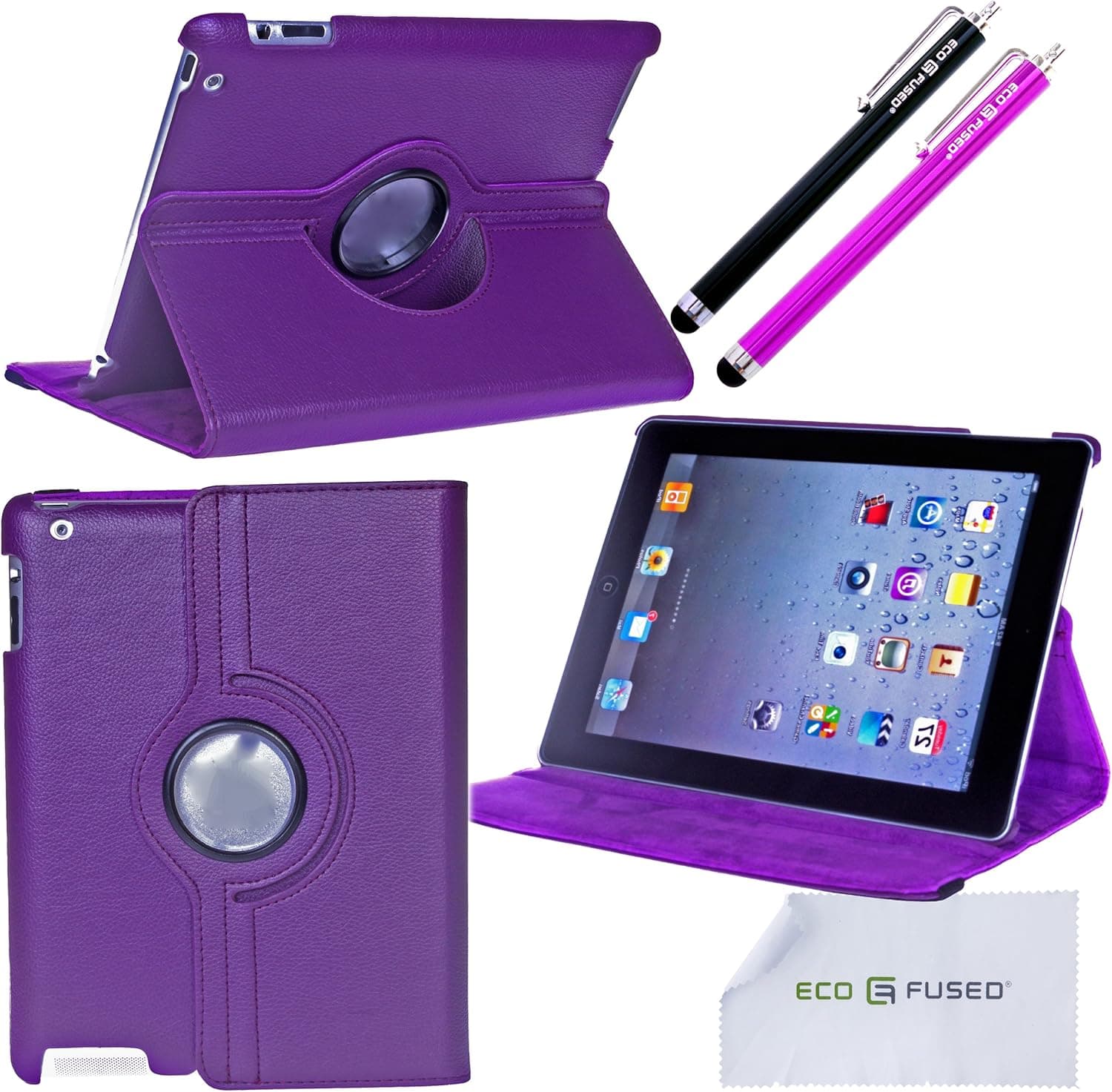 iPad Case Bundle including 1 Rotating PU Leather Smart Case for Apple iPad 4 (Retina Display), iPad 3, iPad 2 (Wifi or Cellular, 16GB or 32GB or 64GB) / 2 Stylus Pens / 2 Screen Protectors / 1 ECO-FUSED Microfiber Cleaning Cloth Included (Purple)