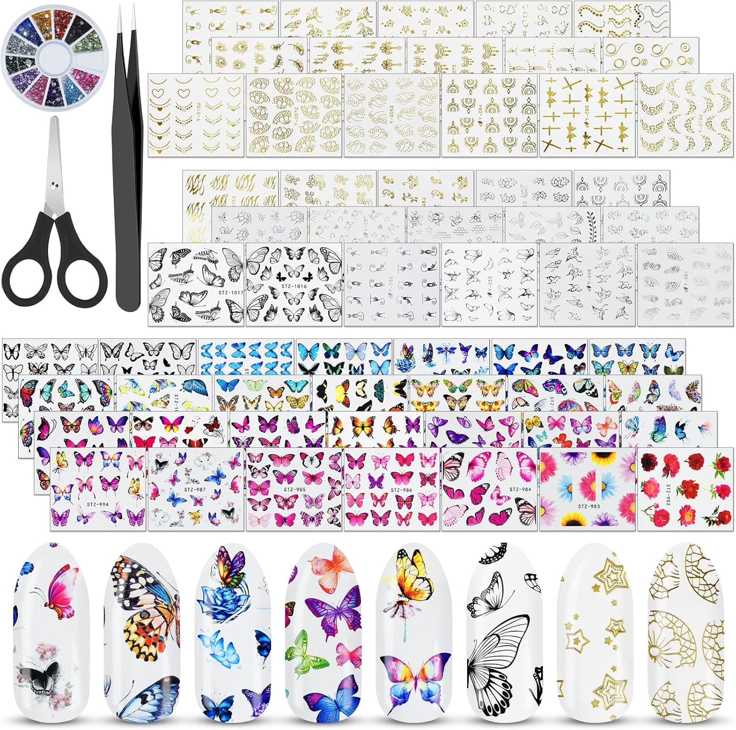 Nail Stickers 60 Sheets, EAONE Butterfly Nail Stickers Water Transfer Self-Adhesive Flower Nail Tattoos Decals Gifts for Women Girls Gel Polish with Nail Gems Tweezers and Scissors Decoration Kits