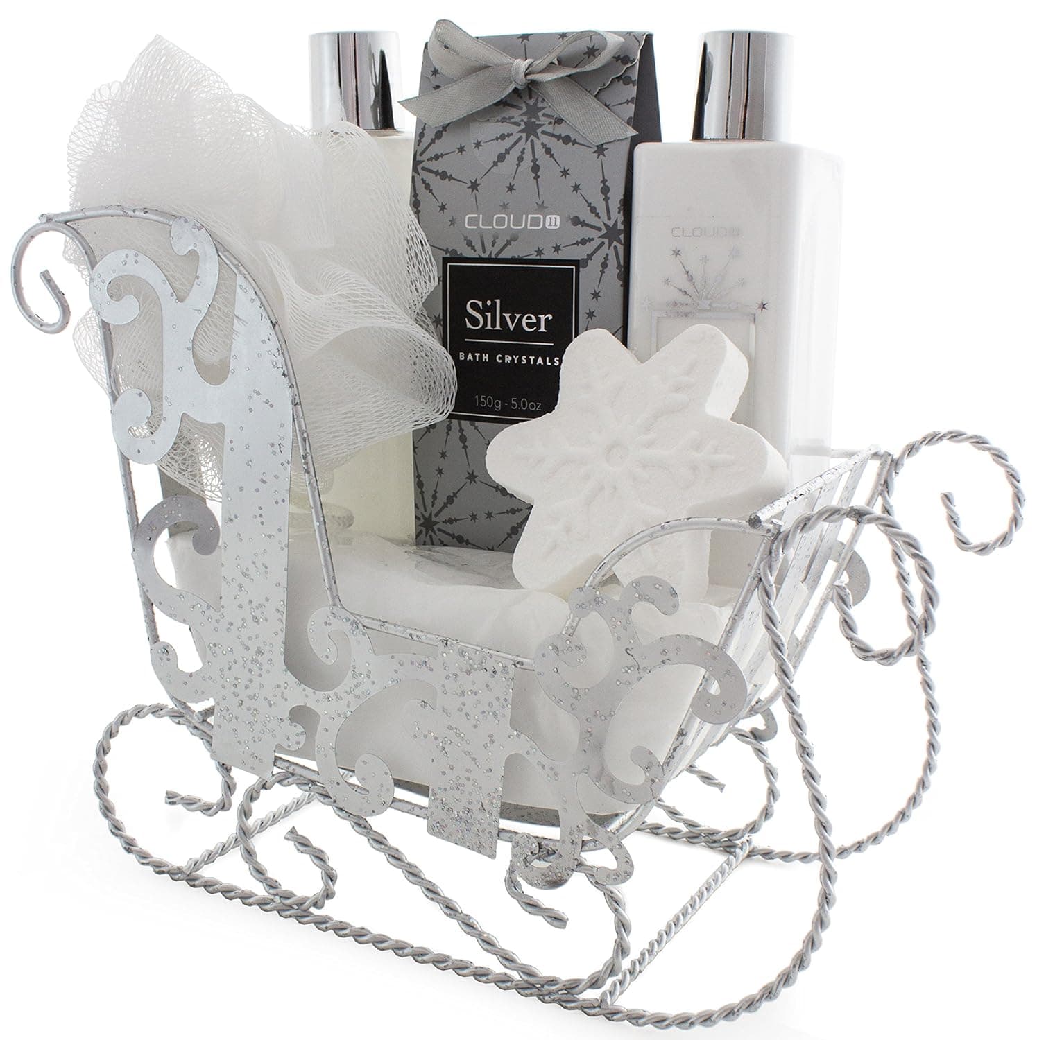 BRUBAKER 6 Pcs Gift Set 'Vanilla' Beauty Spa Set With Silver Sled, Bath Fizzer, Shower Gel, Body Lotion, Bath Crystals, Sponge