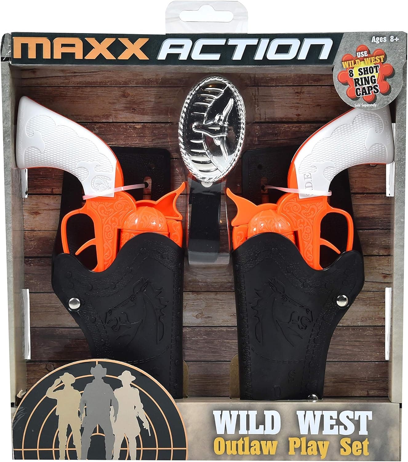 Sunny Days Entertainment Wild West Outlaw Play Set – 5 Piece Orange Western Toy for Kids | Cowboy Sheriff Cap Pistol with Holster and Adjustable Belt | Ring Caps Sold Separately
