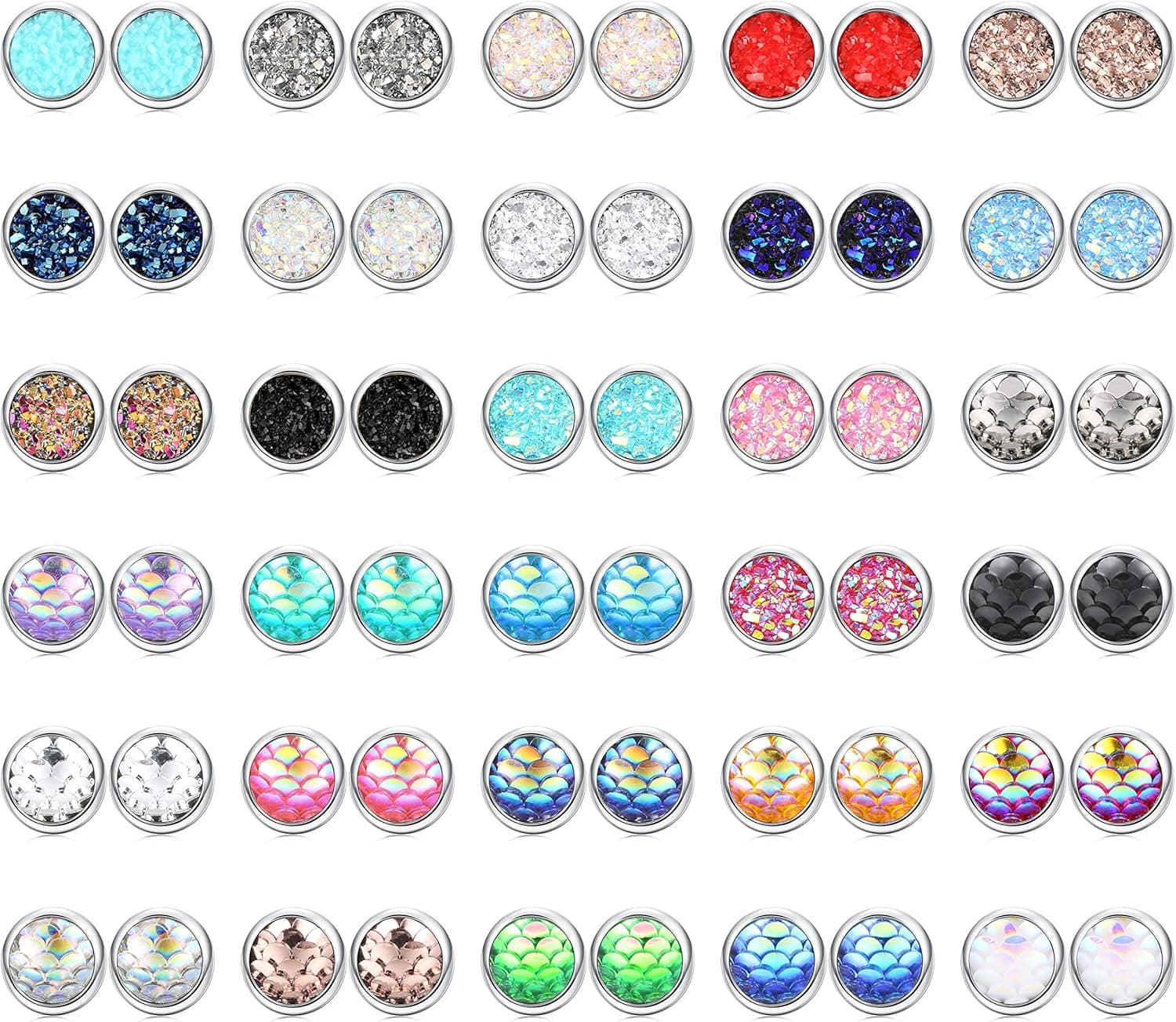 YADOCA 30 pairs Druzy Studs Earrings For Women Men Mermaid Scale Pierced Earrings Stainless Steel Round Cabochons Bezel Earring Set 10mm